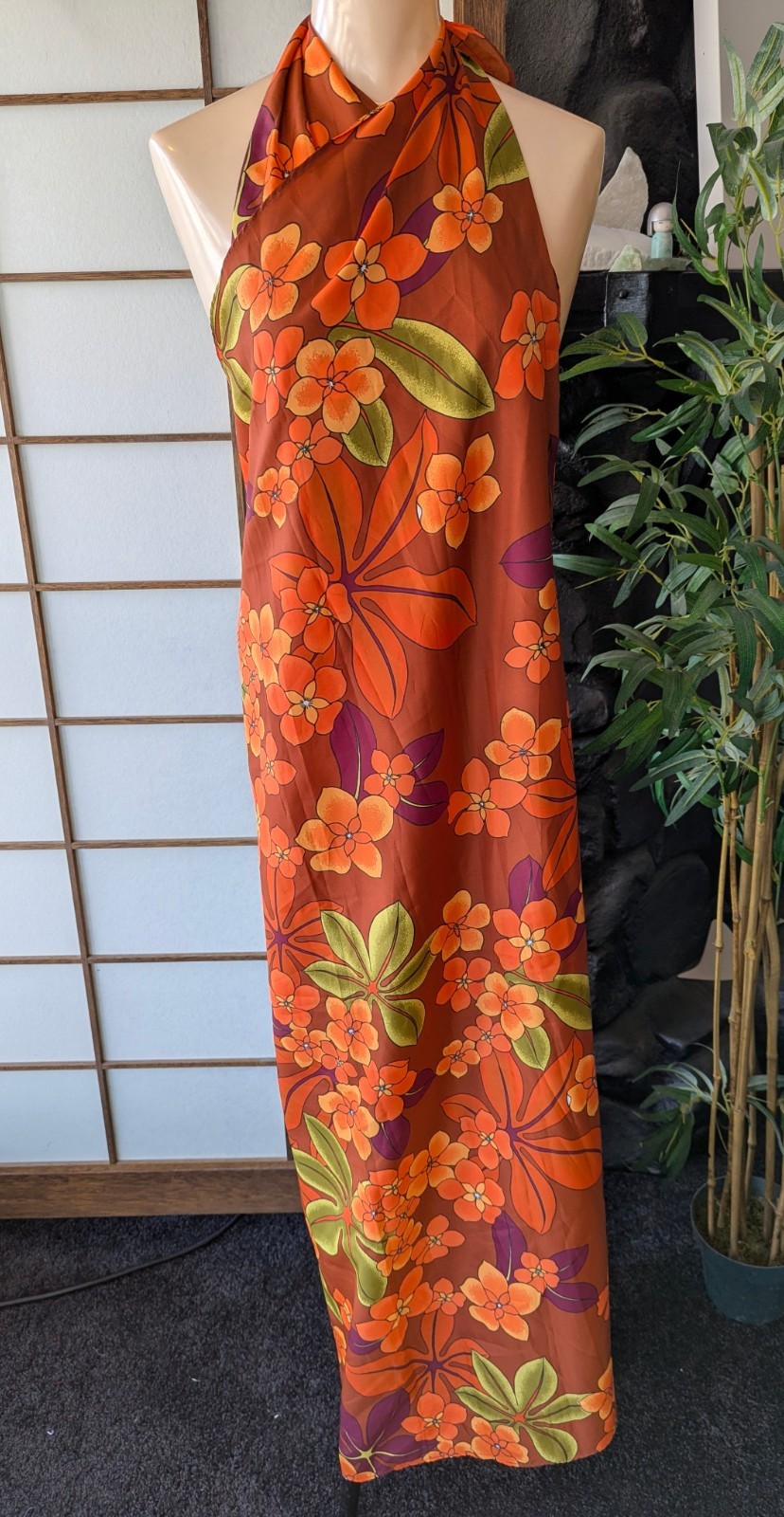 Vtg 1970s Pomare Tahiti Hawaiian Sarong Wrap Halter Dress Bright Orange L/XL