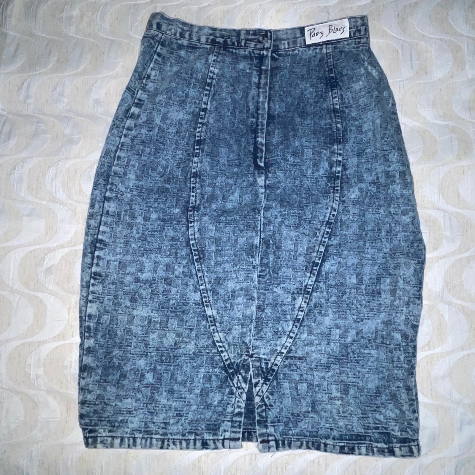 80s Paris Blues Acid Wash Denim 2 pc skirt & jacket Talon 42 Zip Puff Sleeve