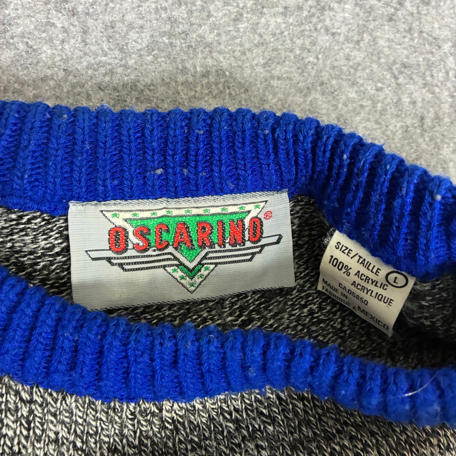 Vintage Oscarino Women’s Size Large Tall Grey Blue Leopard Knit Sweater Retro
