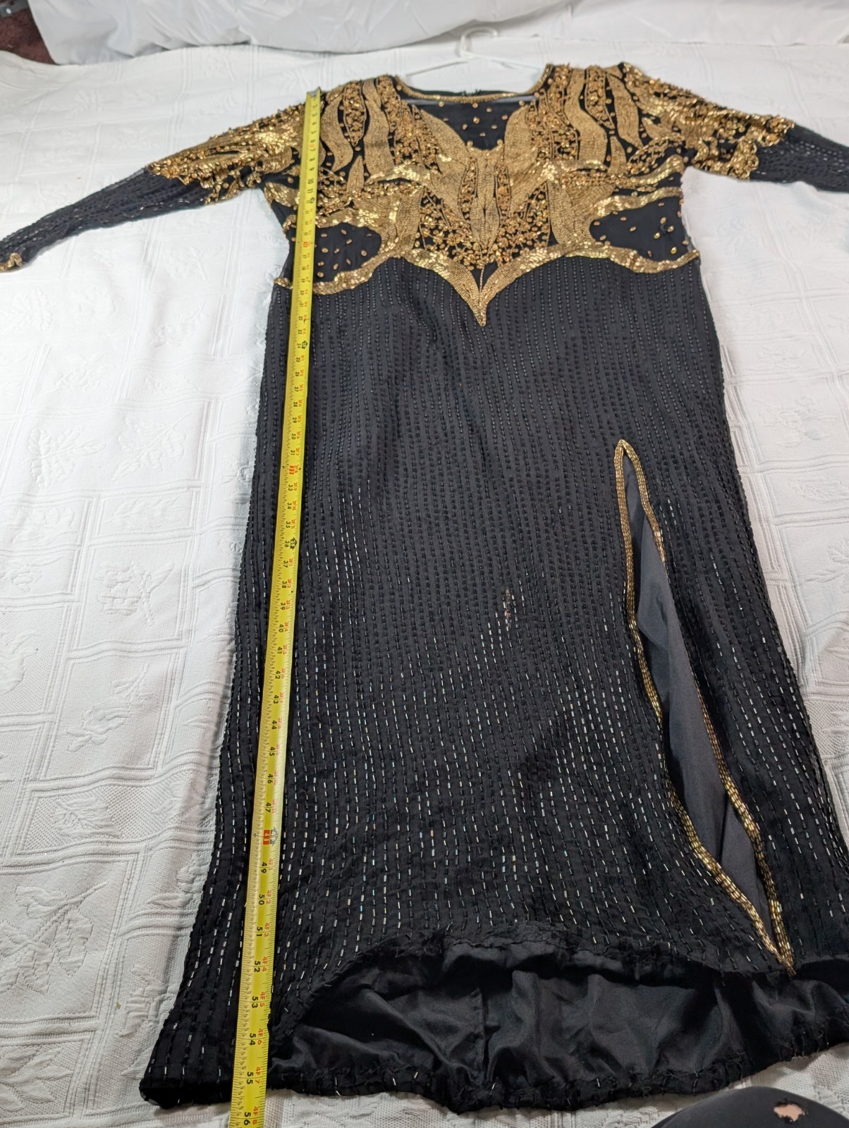 Vtg Landmark Silk Beaded Gown XL, Black Gold Sequin Maxi Dress, Flapper READ