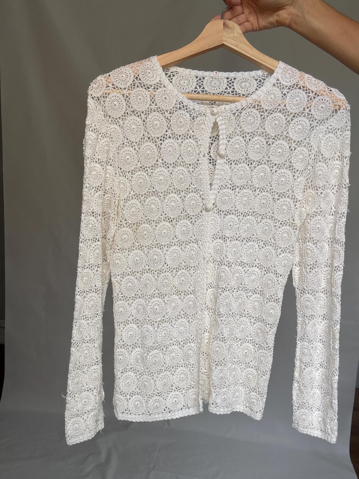 Vintage white crochet top, cottagecore Roonsy Mara cue, US M, casual bohemian ch