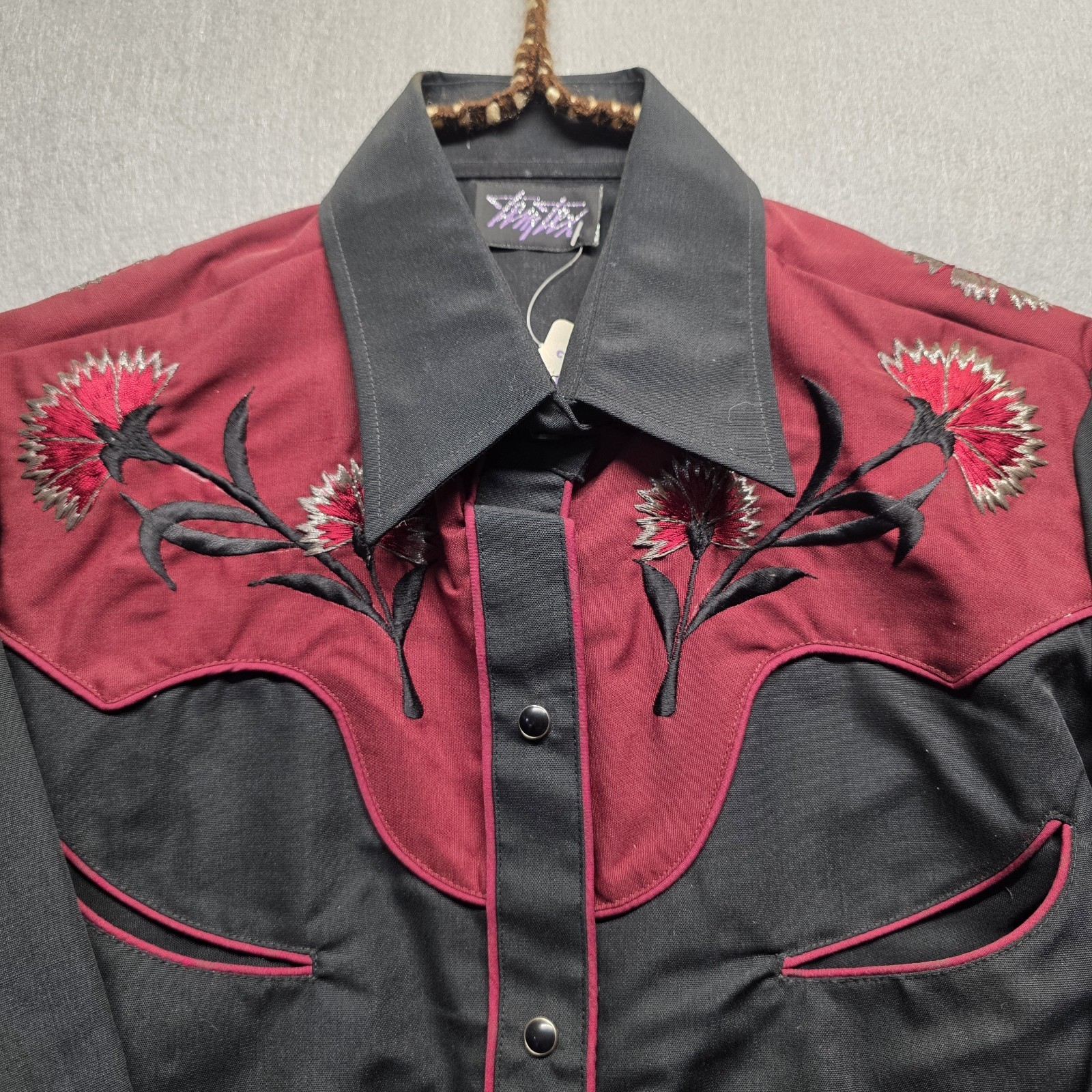 VINTAGE Tem Tex Black And Red Long Sleeve Western Shirt Rockabilly Pearl Snap