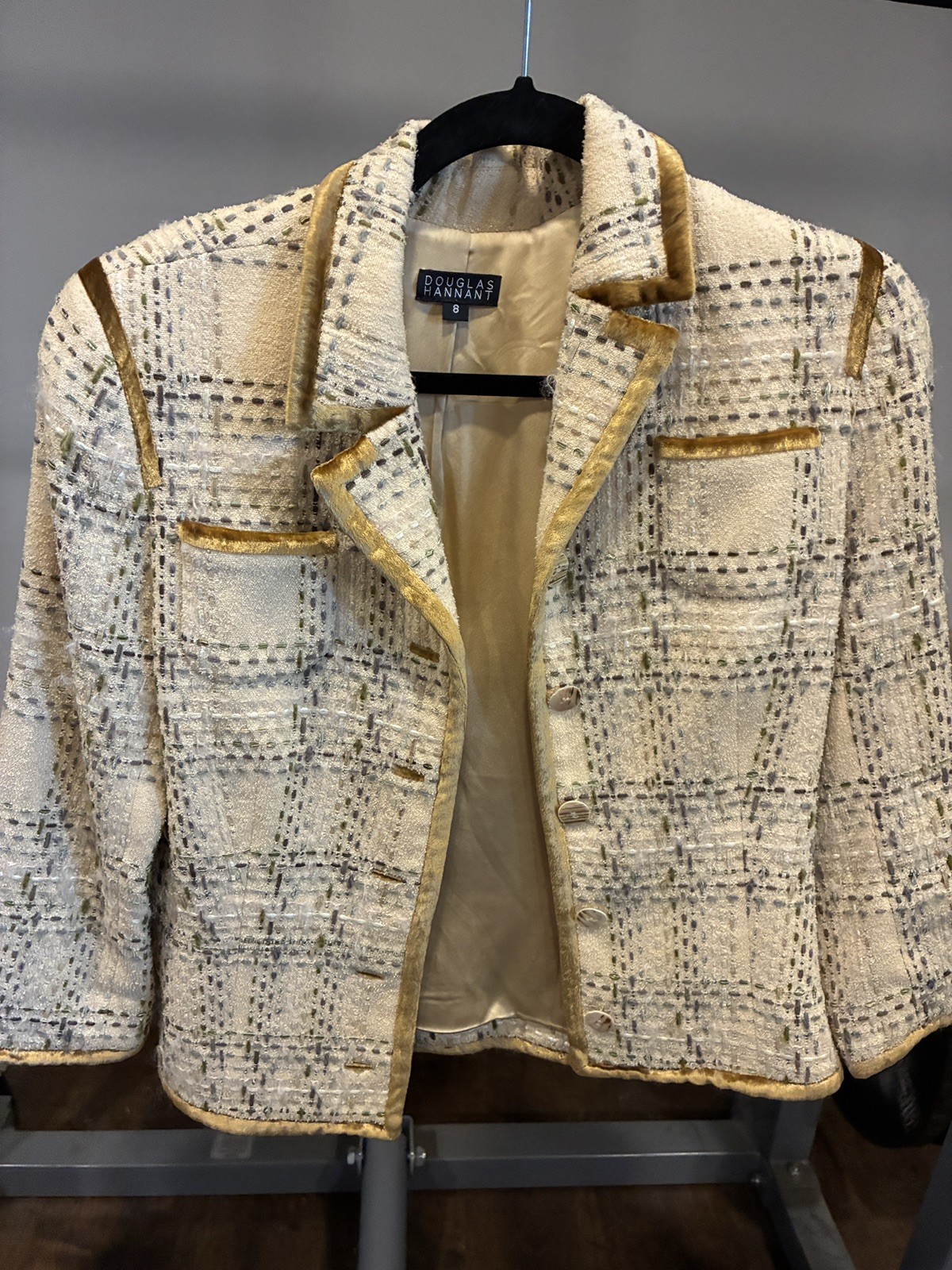 Douglas Hannant Vintage Cream Gold Tweed Blazer Jacket Velvet Trim USA Sz 8