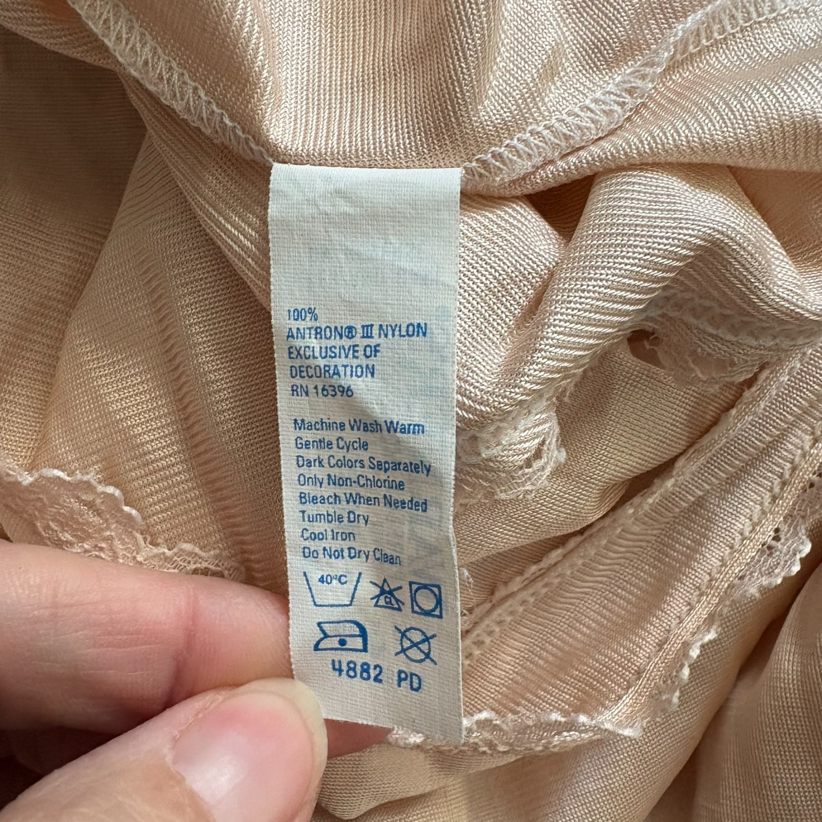 Vintage Warners Perfect Measure Full Slip 36 Tan / Dusty Pink Lace Trim 43″ Long