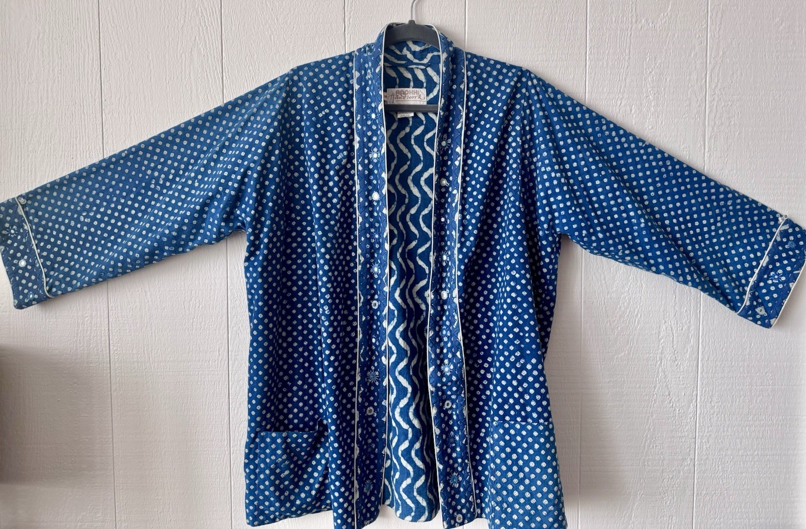 Vintage Anokhi Indian Hand Block Printed Indigo Cotton Kimono Cardigan Jacket