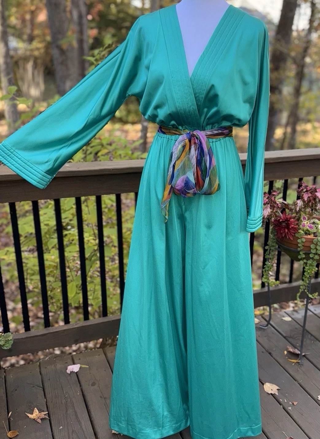 Vtg VANITY FAIR Palazzo Pants Jumpsuit 12 Green Hostess Wide Leg 60s 70s Nylon L