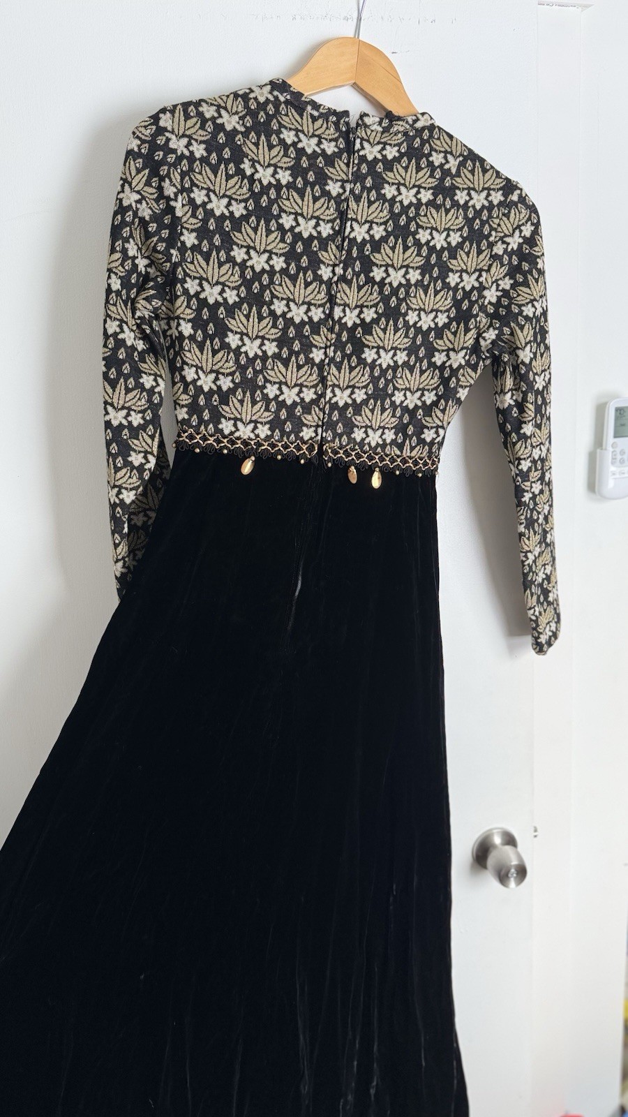 Vintage 60s Gold & Black Baroque Quilt Top & Velvet Skirt Maxi Dress XS 1960s