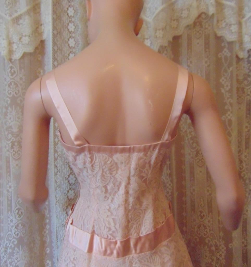 VTG 50s Pink Chantilly Lace & Satin Dress Jacket & Crinoline Slip 26W