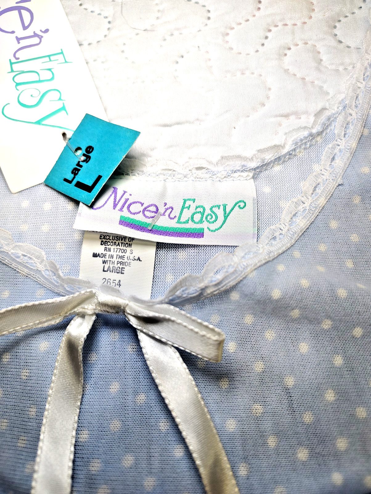 Vintage Nice N Easy Nightgown Women’s L NWT Blue White Polka Dot Lace Trim USA