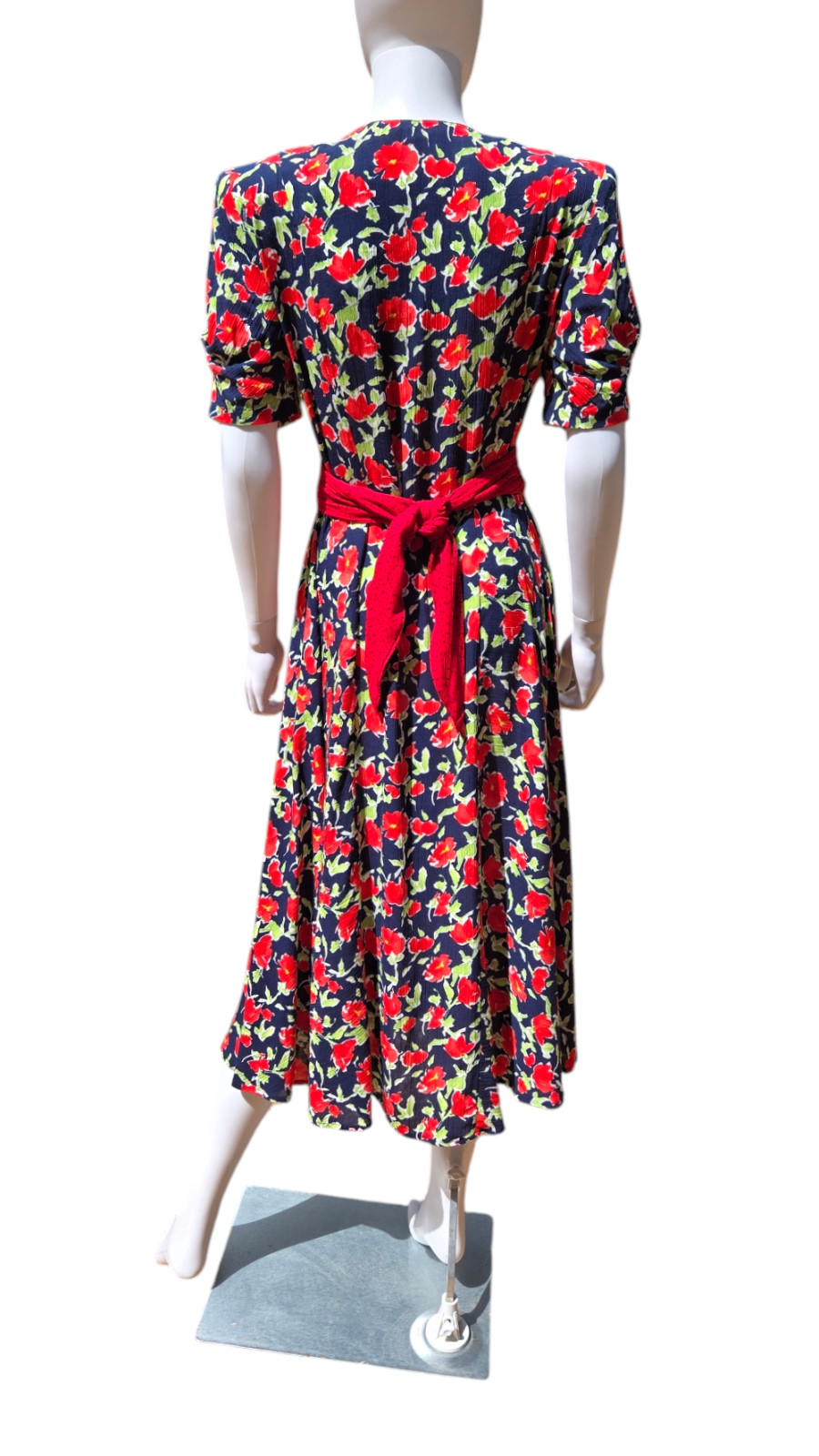 VTG 80s Does 40s Carole Little Rayon Gauze Red White Blue Floral Print Dress S M