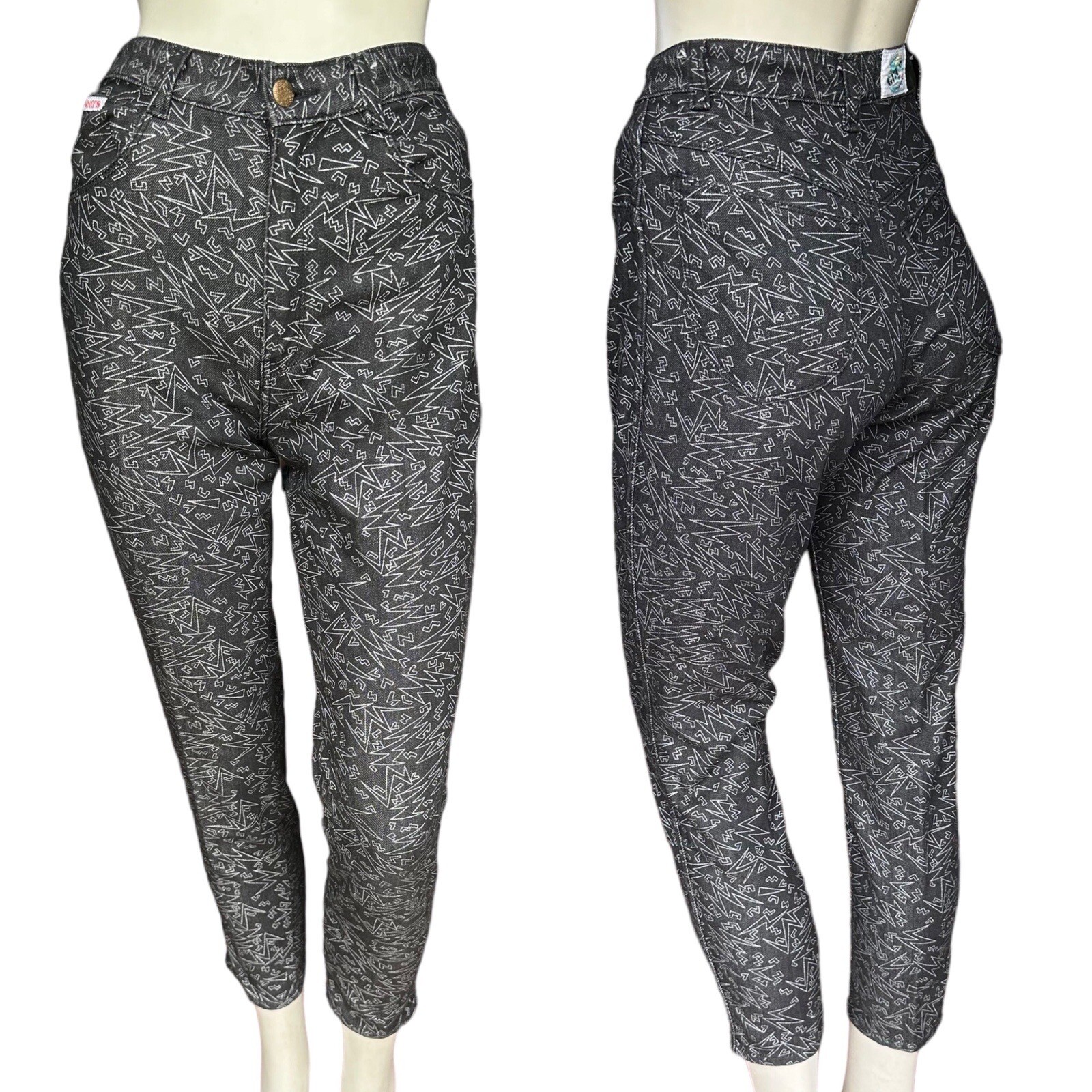 Vintage 90s Geometric Lightning Bolt Print Black & White Jeans 7/8 24″ Waist.