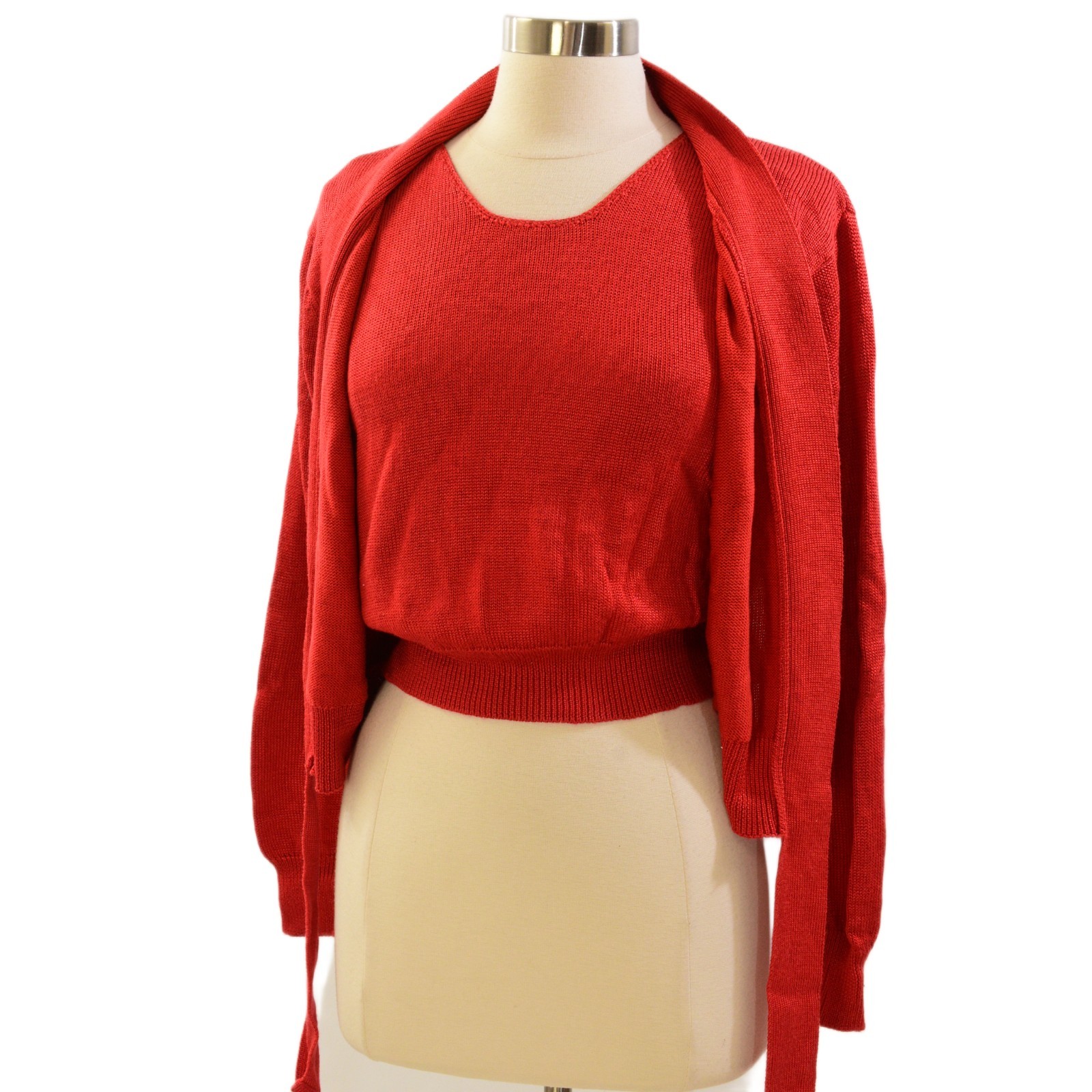 90s Vintage Red Knit Sweater Set Womens S Cropped Tank Wrap Cardigan Shawl Colla