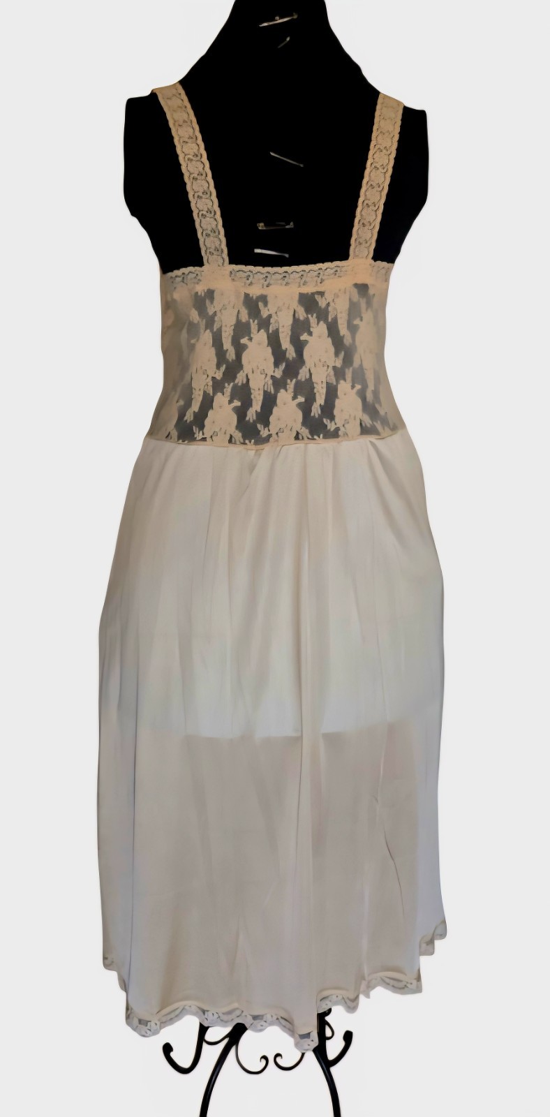 1960s VANITY FAIR Beige Stretch Bodice Nylon Dress Slip With Lace Trim Size 36