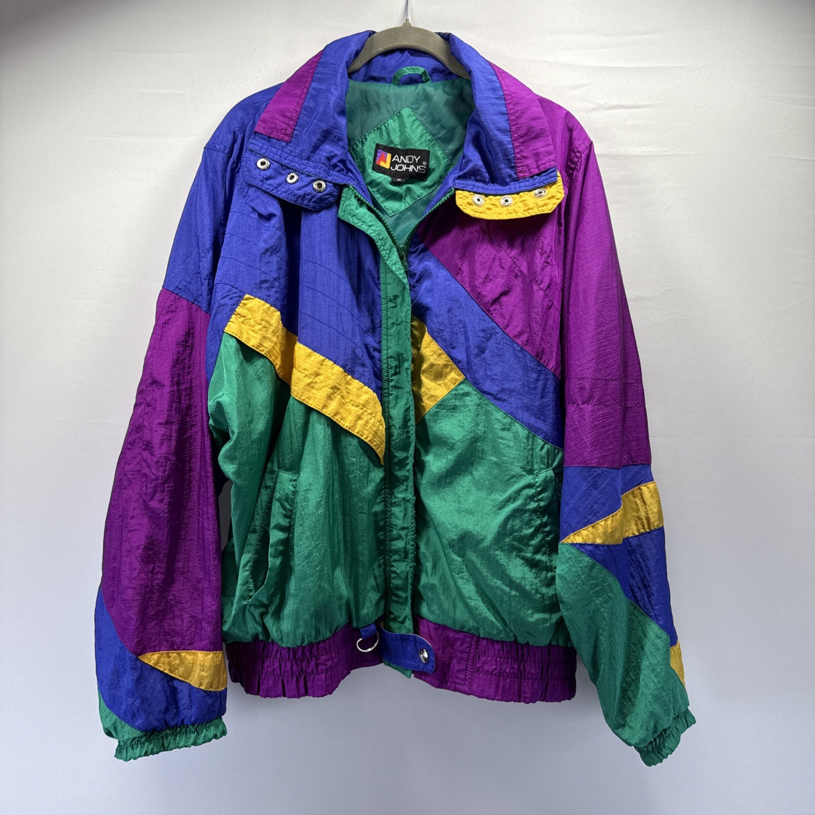 Vintage Andy Johns 90s Jacket Size M Nylon Colorblock Anorak Green Purple Y2K