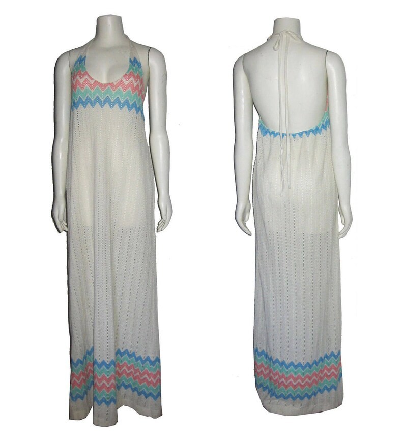 VTG Fabric POYZA Design Bone Multicolor Zig Zag Striped Halter Long Maxi Dress