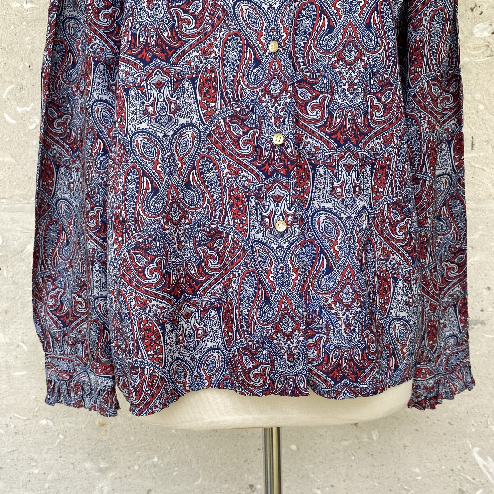 Vintage Secretary Blouse Shirt Large Red White Blue Paisley Ruffle Neck 70s 80s