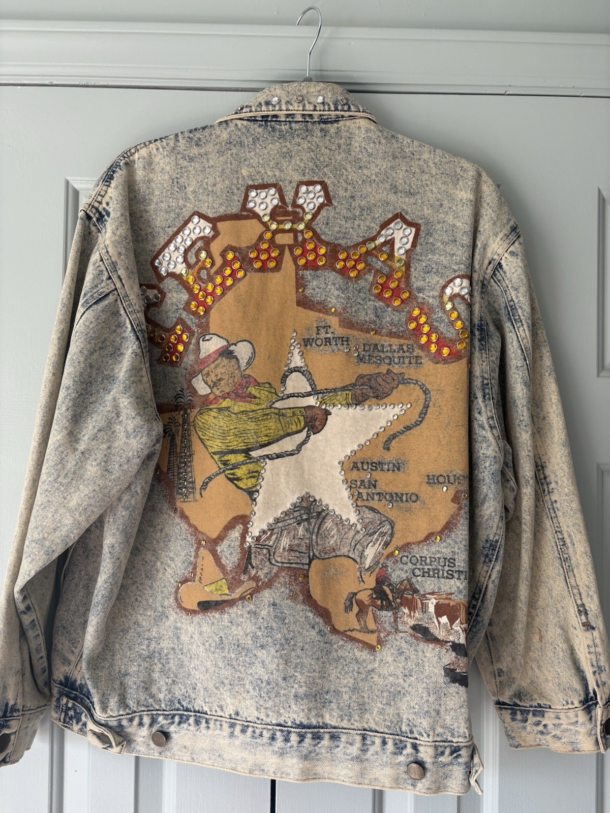 Vintage 80s/90s Denim Texas Jacket Hand Painted Graphics Rhinestone Studs