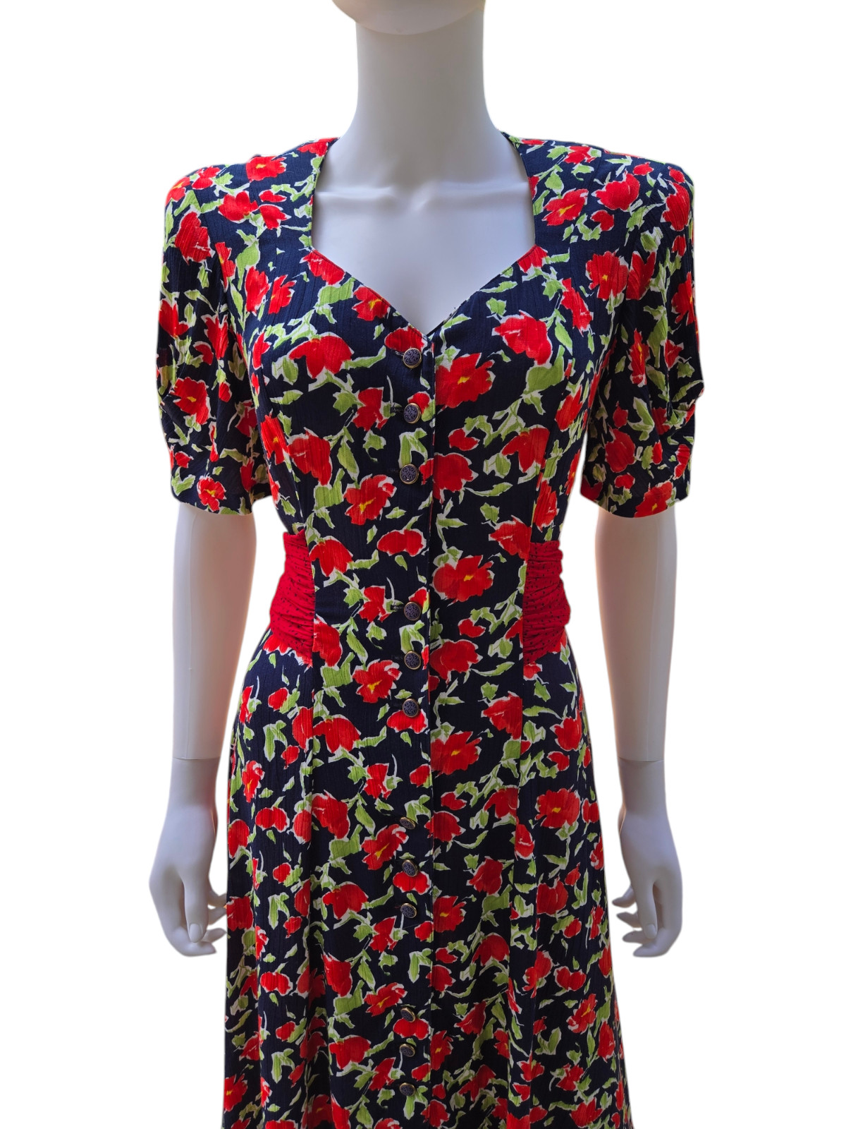 VTG 80s Does 40s Carole Little Rayon Gauze Red White Blue Floral Print Dress S M