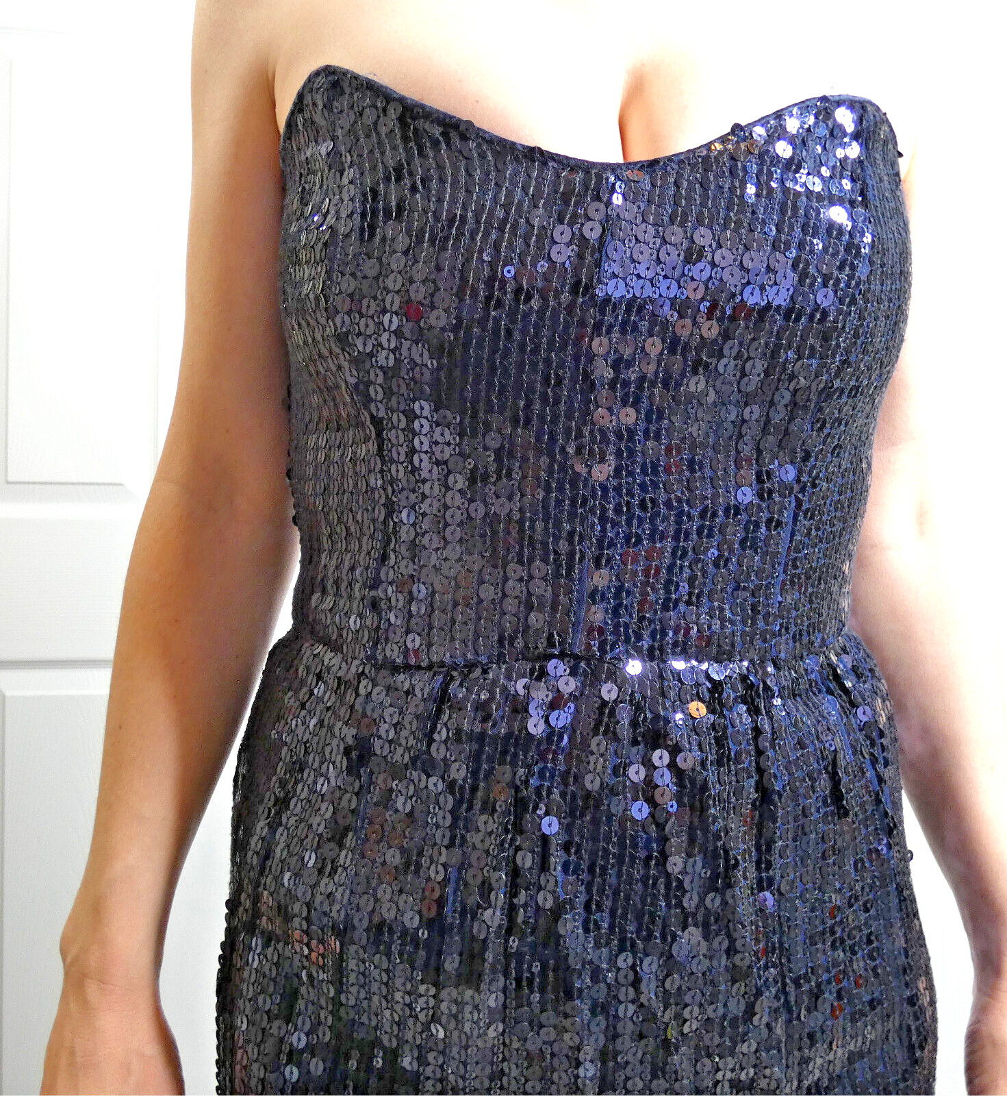 French Connection Dark Blue Dress XS Vintage Sequins Strapless Bustierre Evening