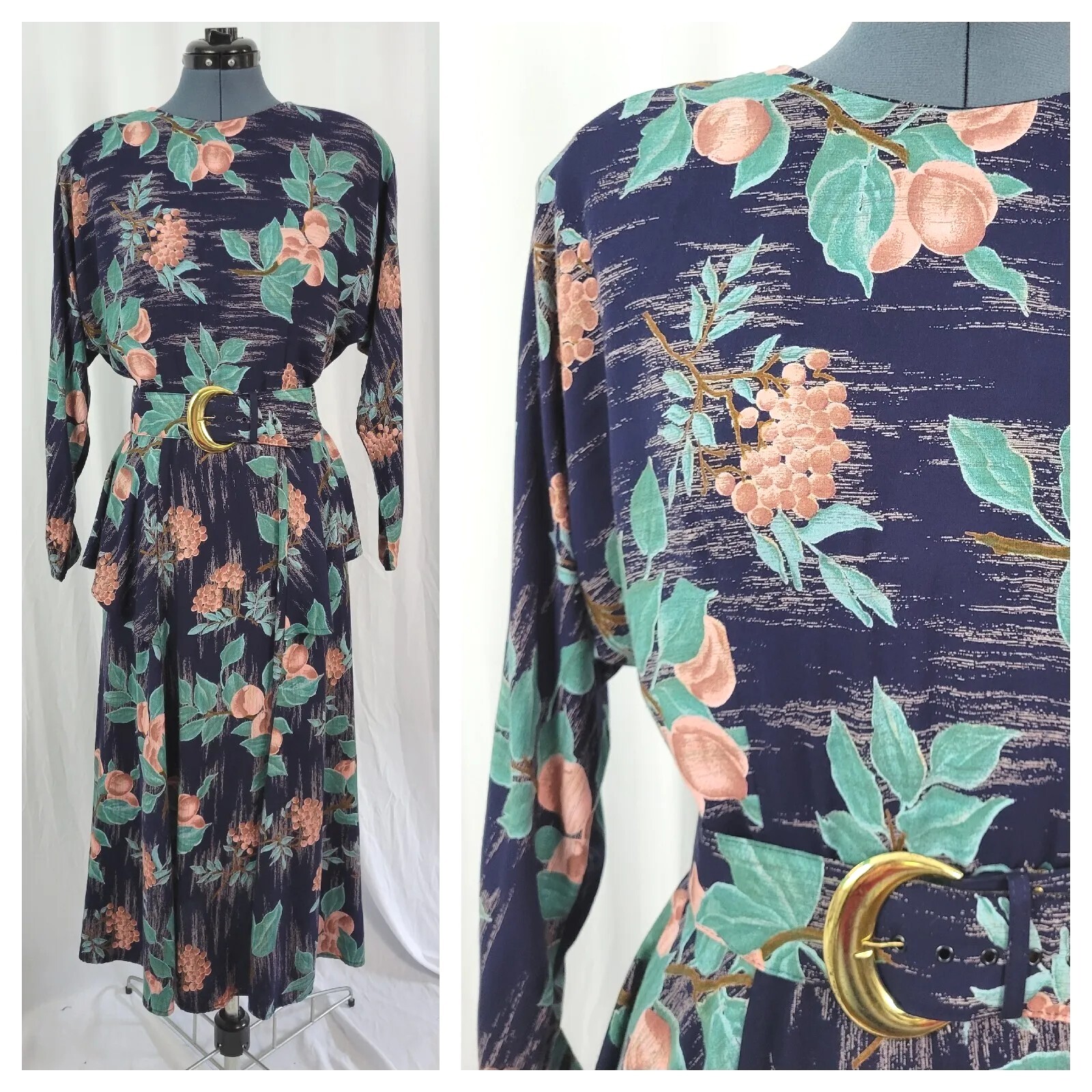 Vintage Irresistible Navy Dress w Fruit Pattern & Matching Belt Size 11/12