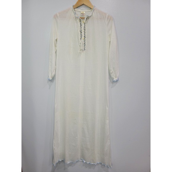Vintage Cosmo White Cotton Modal Embroidered Nightgown Blue Lettuce Edge Trim L