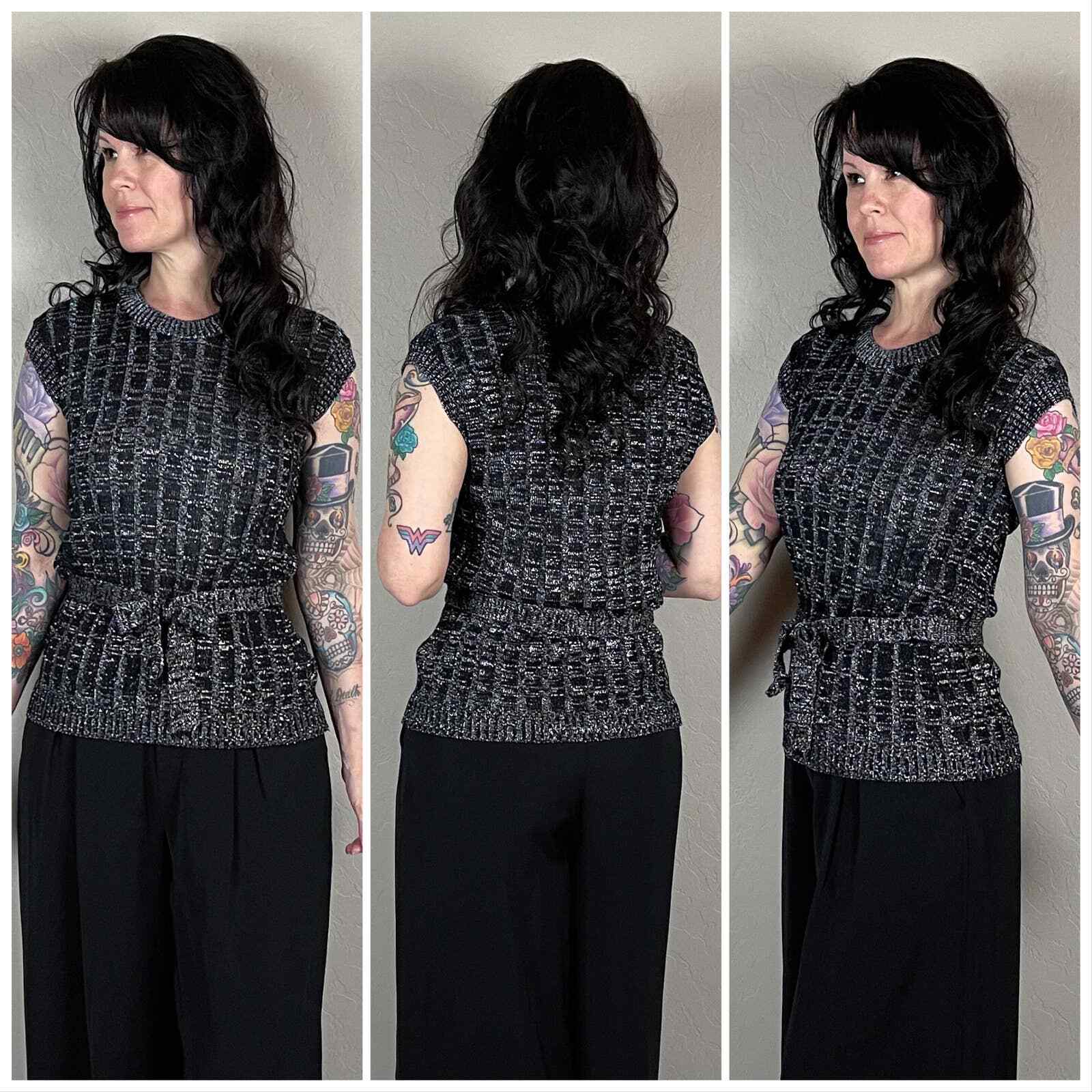 Vintage 1970s Black and Silver Sleeveless Belted Sweater – S/M