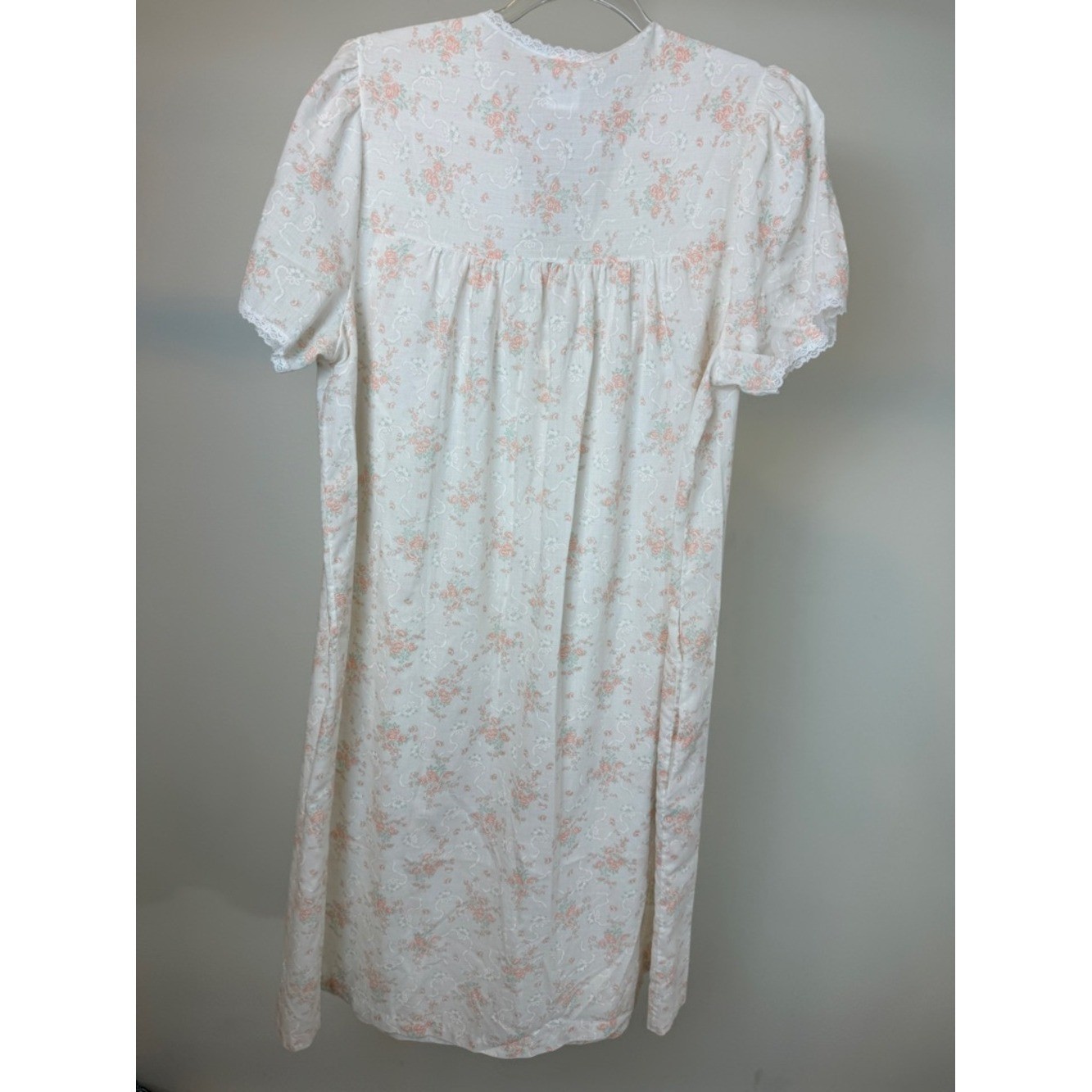 Vintage Adonna White Nightgown with Peach Floral Print and Pintuck Yoke – 80s
