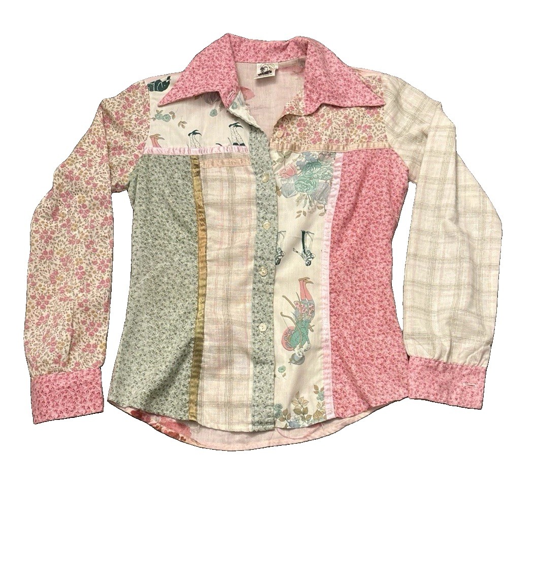 Vtg 70s You Babes Patchwork Blouse Floral Plaid Novelty Print Cottagecore Boho
