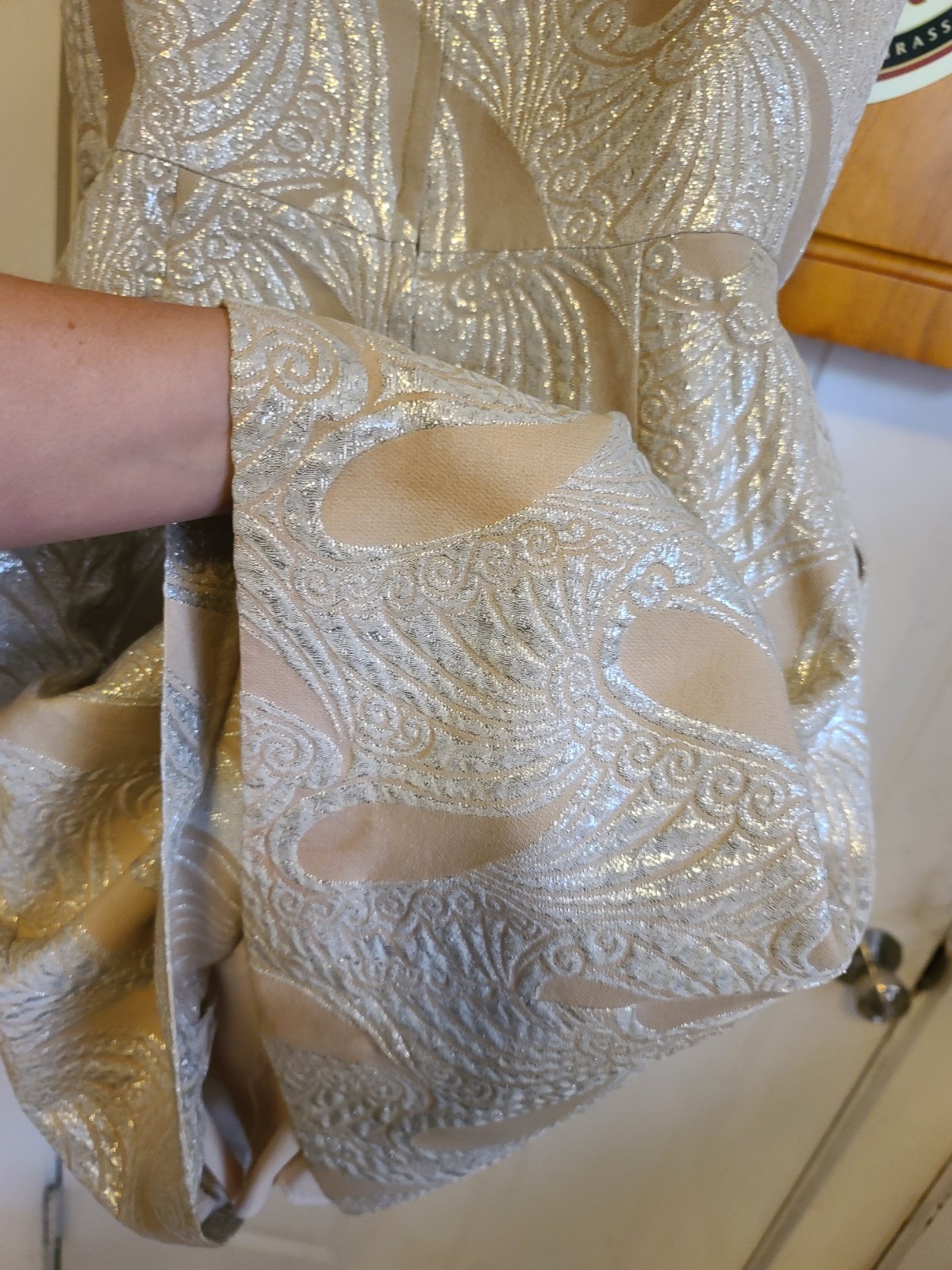 VTG MOD 60 Eve Le Coq Tan Metallic Silver Lame Brocade Paisley Dress Women’s S-M