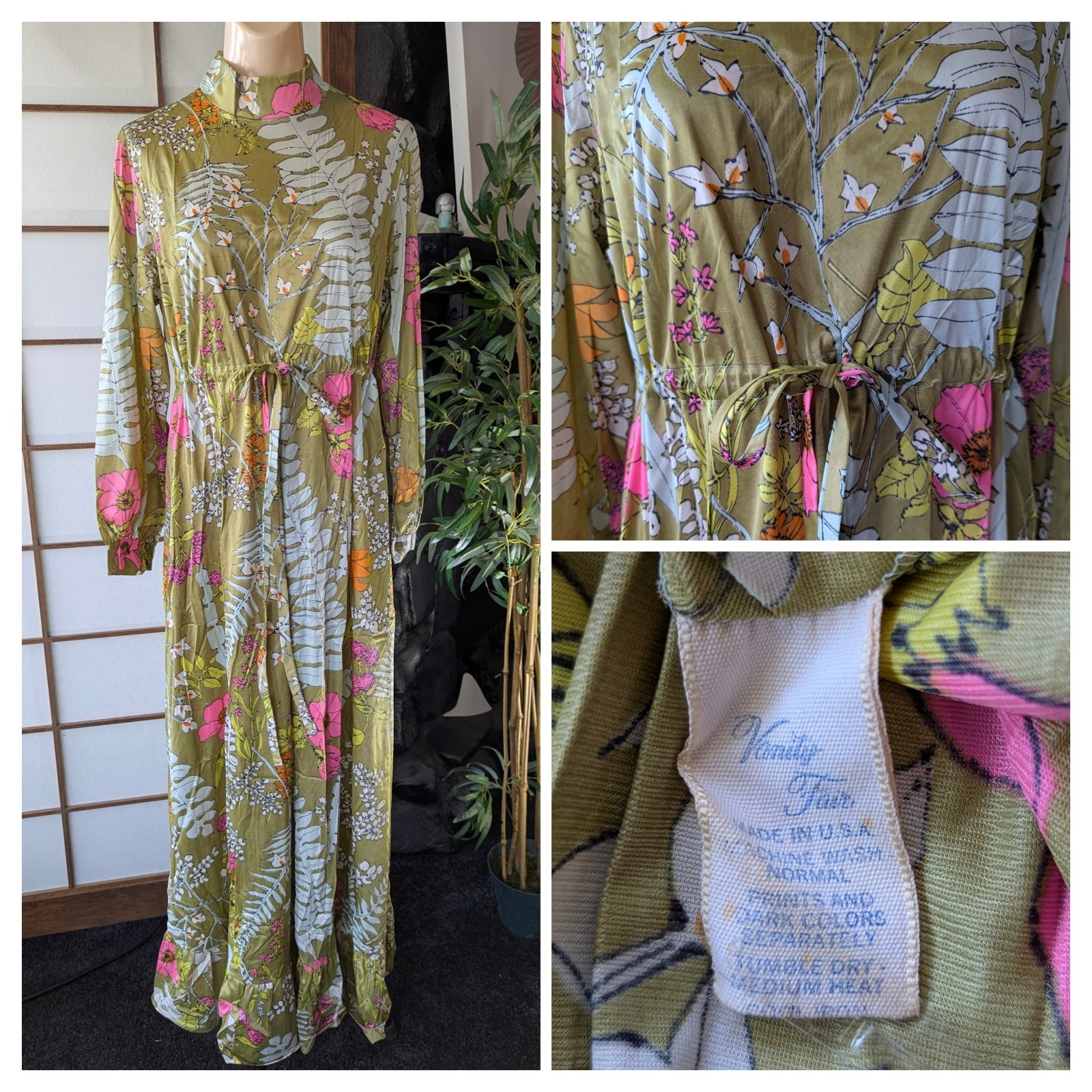 Vtg 70s Vanity Fair Hostess Lounge Dress Kaftan Robe Back Zip High Neck Sz L/XL