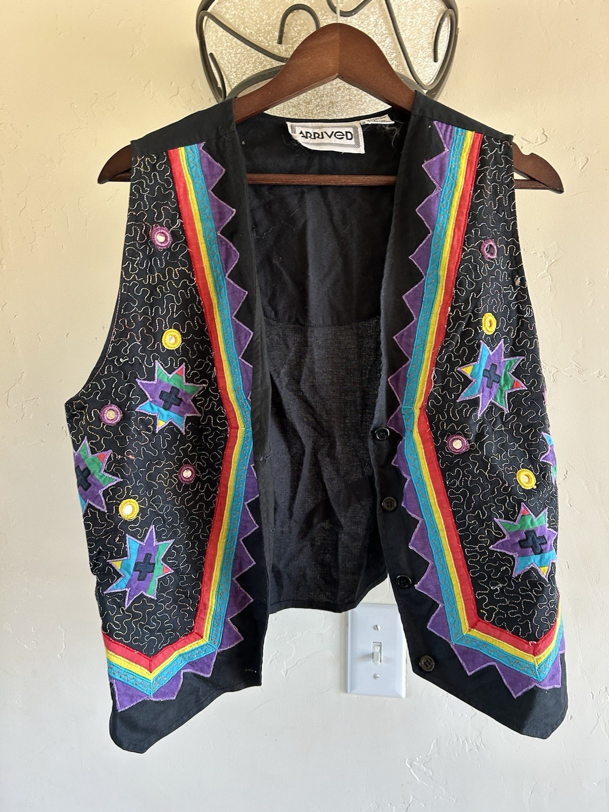 VTG Arrived Vest Women Large Black Embroidered Mirrors Geometric 80s 90s