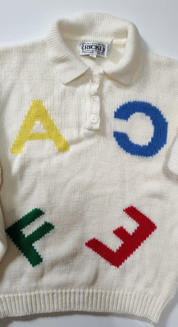 Vtg Ricki Sweater ABC Schoolhouse Acrylic Alphabet Button Collar Korea Large