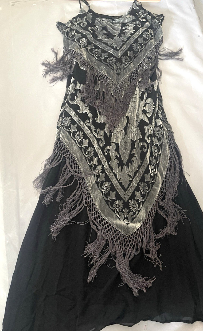 Vintage Aris A Y2K Silk Blend Burnout Velvet Fringe Maxi Dress Sz L