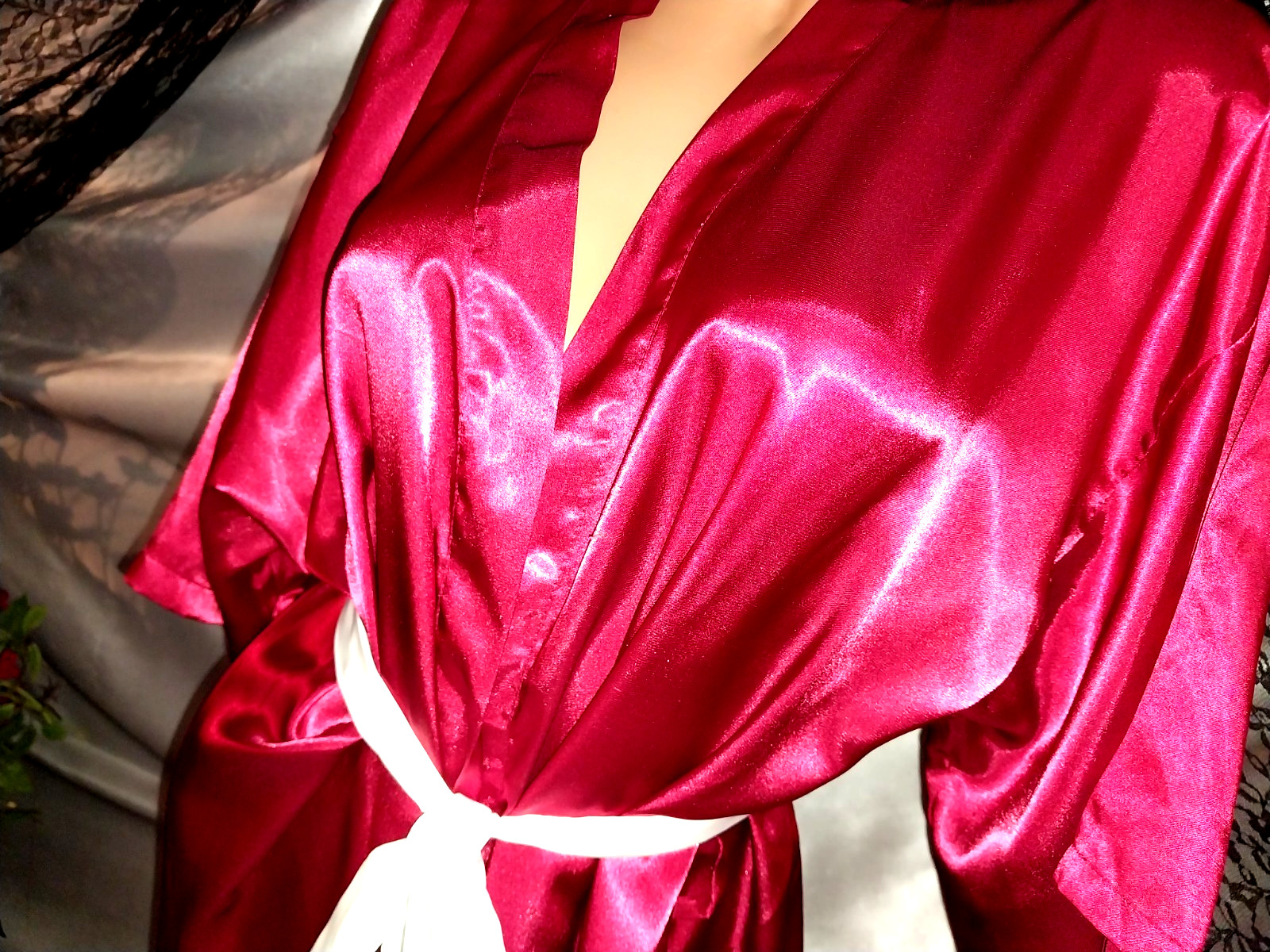 VTG SATIN RUBY GARNET RED SHORTY BABYDOLL NIGHTGOWN ROBE LINGERIE 42 44 XL