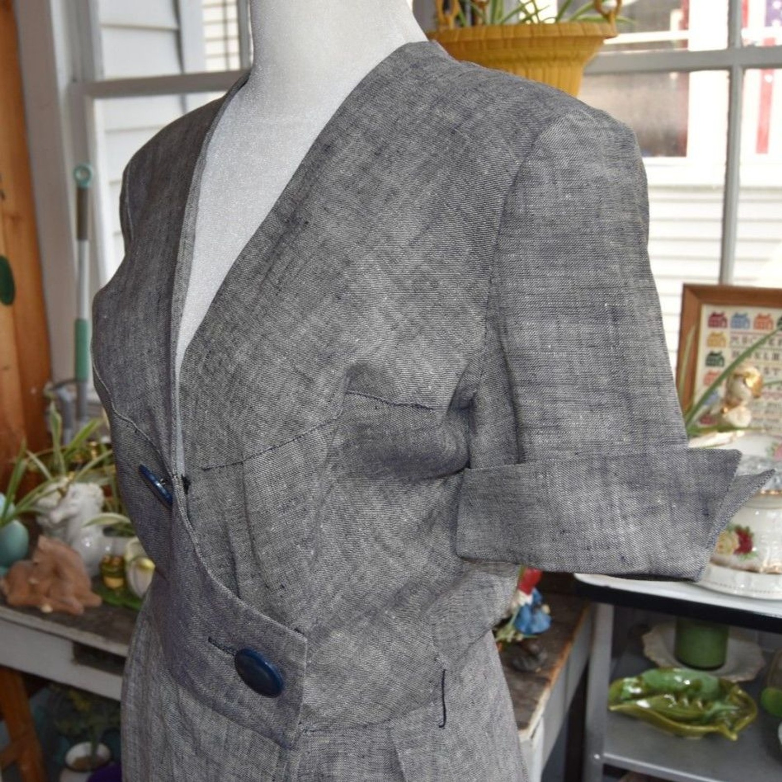 Vintage 60s Georgette Gray Linen Look Sheath Dress S Double Breasted Midi