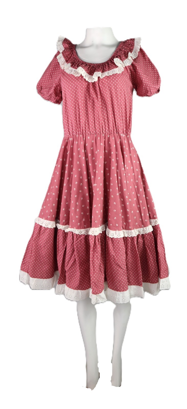 VTG 60s 70s US 2 4 6 8 S M Square Dance Prairie Ditzy Print Lace Midi Dress Pink