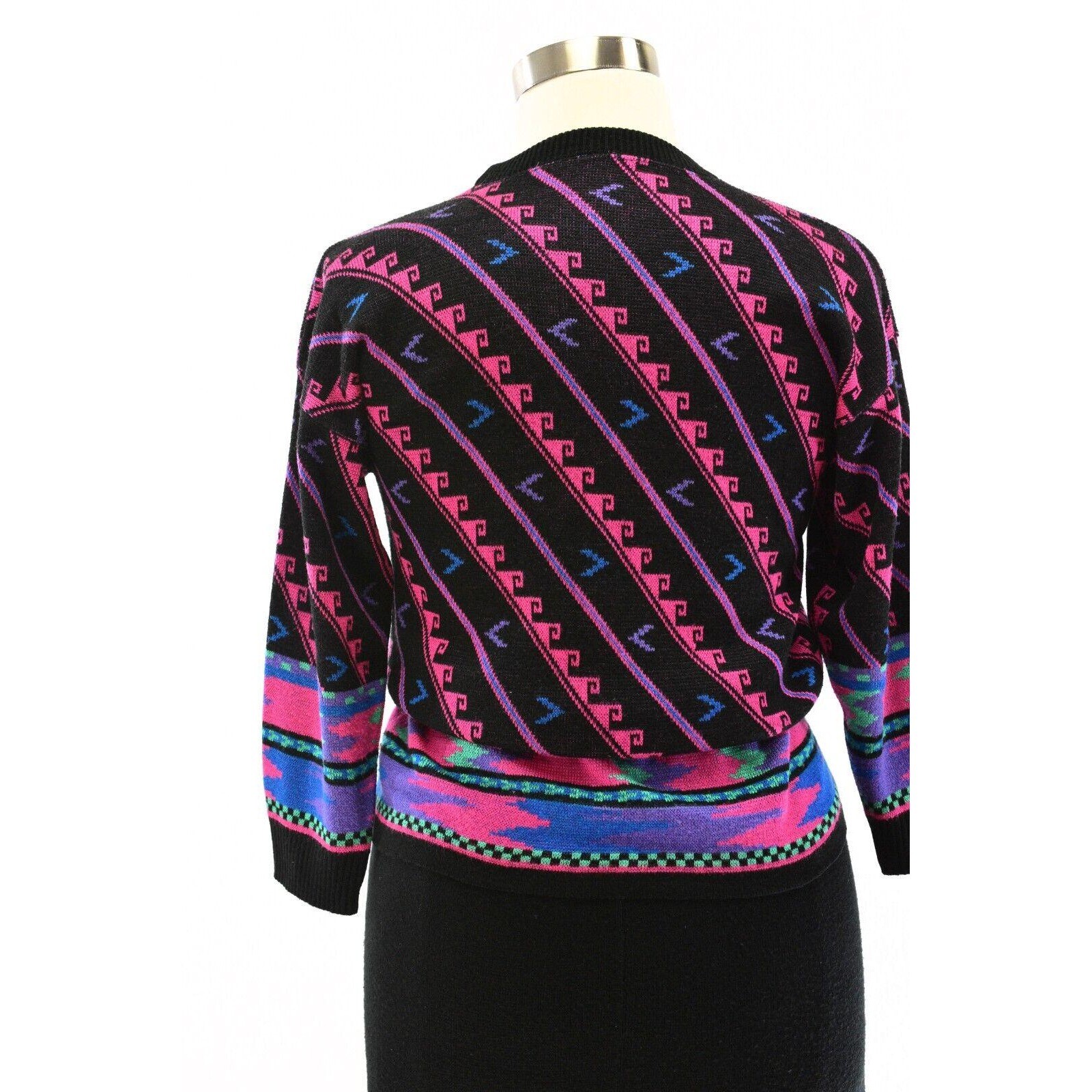 70s Vintage Geometric Sweater & Skirt Set Womens M Neon Pink Black Mod Outfit
