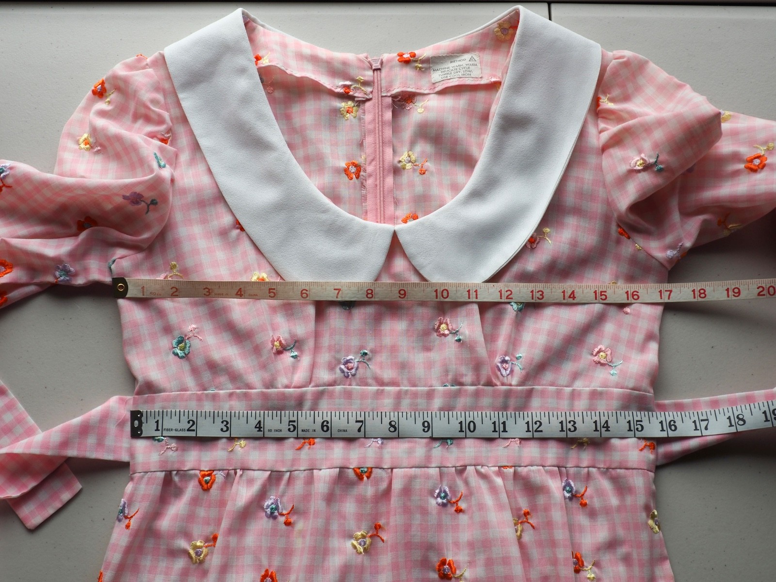 Vintage 70s Gingham Maxi Dress Empire Waist Gown Peter Pan Collar Pastel Kawaii