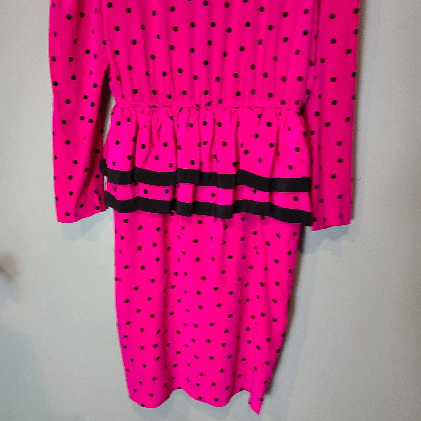 Vintage Peplum Wiggle Dress Womens 12 Pink Polka Dot 80s Glam Rock Retro Pinup