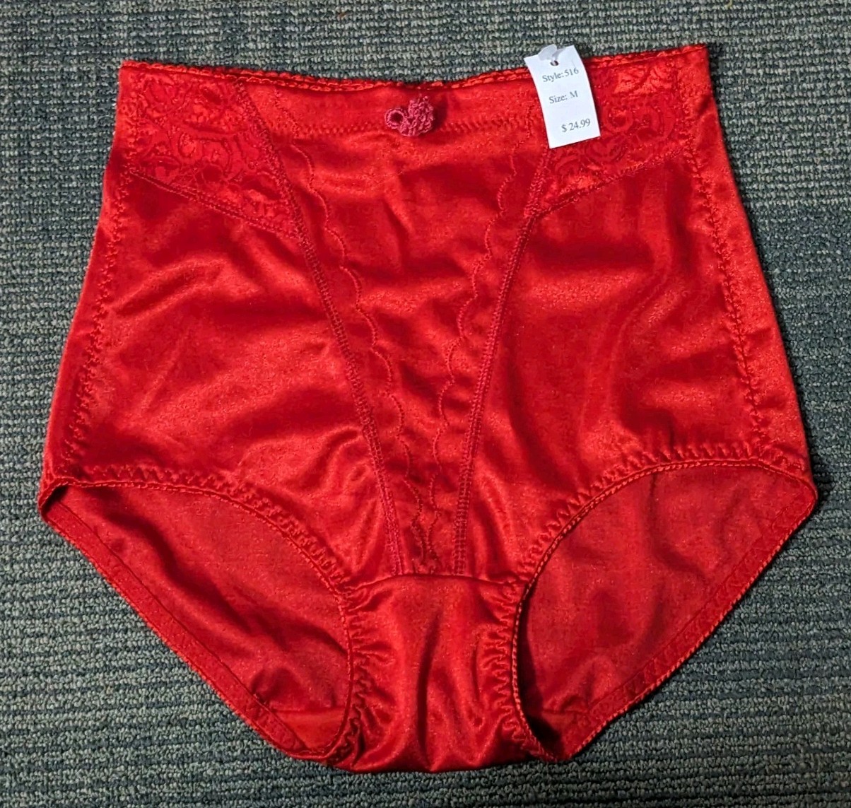 NWT Vtg Medium Red Brief Panties Silky Shiny High Cut Lace Shaping Donna Loren