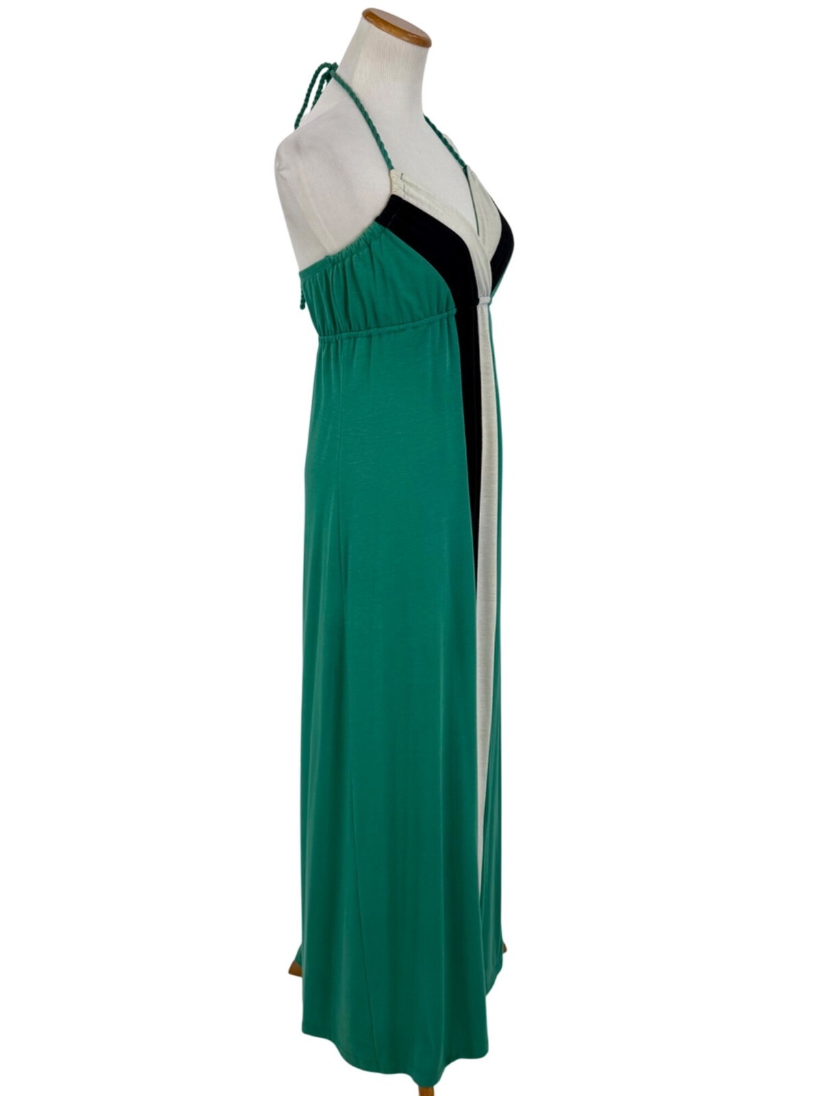 L8ter Vintage 90s Casual Green Gray Black Striped Color Block Halter Maxi Dress