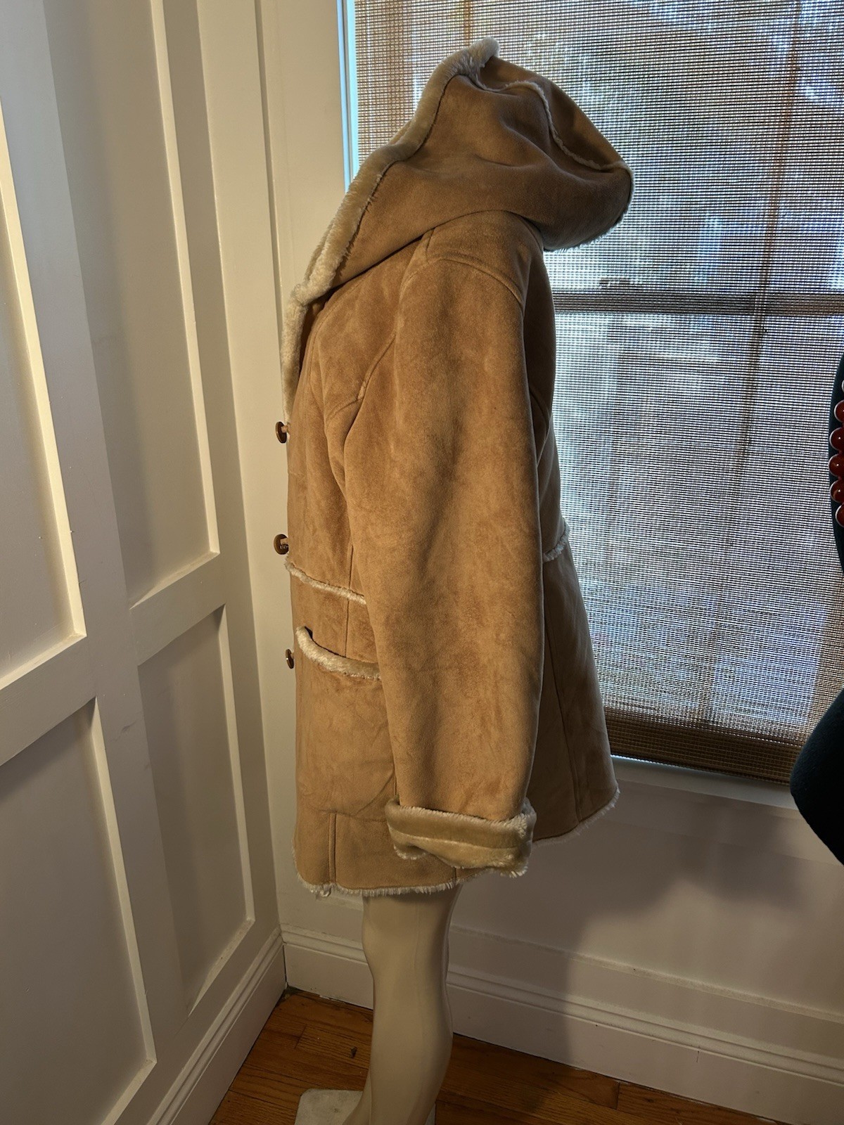 Vtg Jones New York XL Tan Brown Faux Fur Suede Coat Jacket Pennylane Hooded
