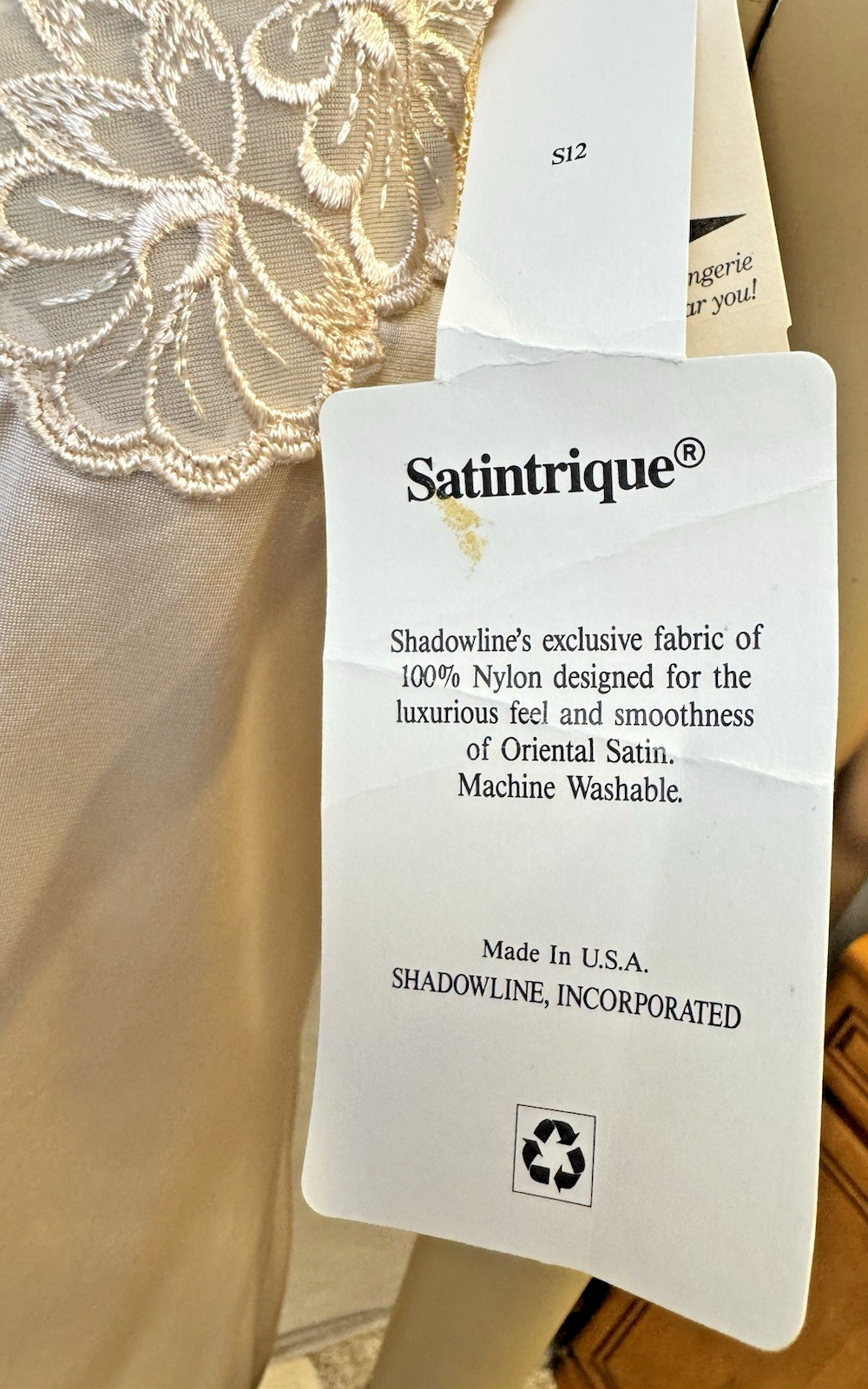VTG Shadowline Dress Slip NEW w/Tags Peek-A-Boo Lace Sz 34 Mocha Beige 90’s