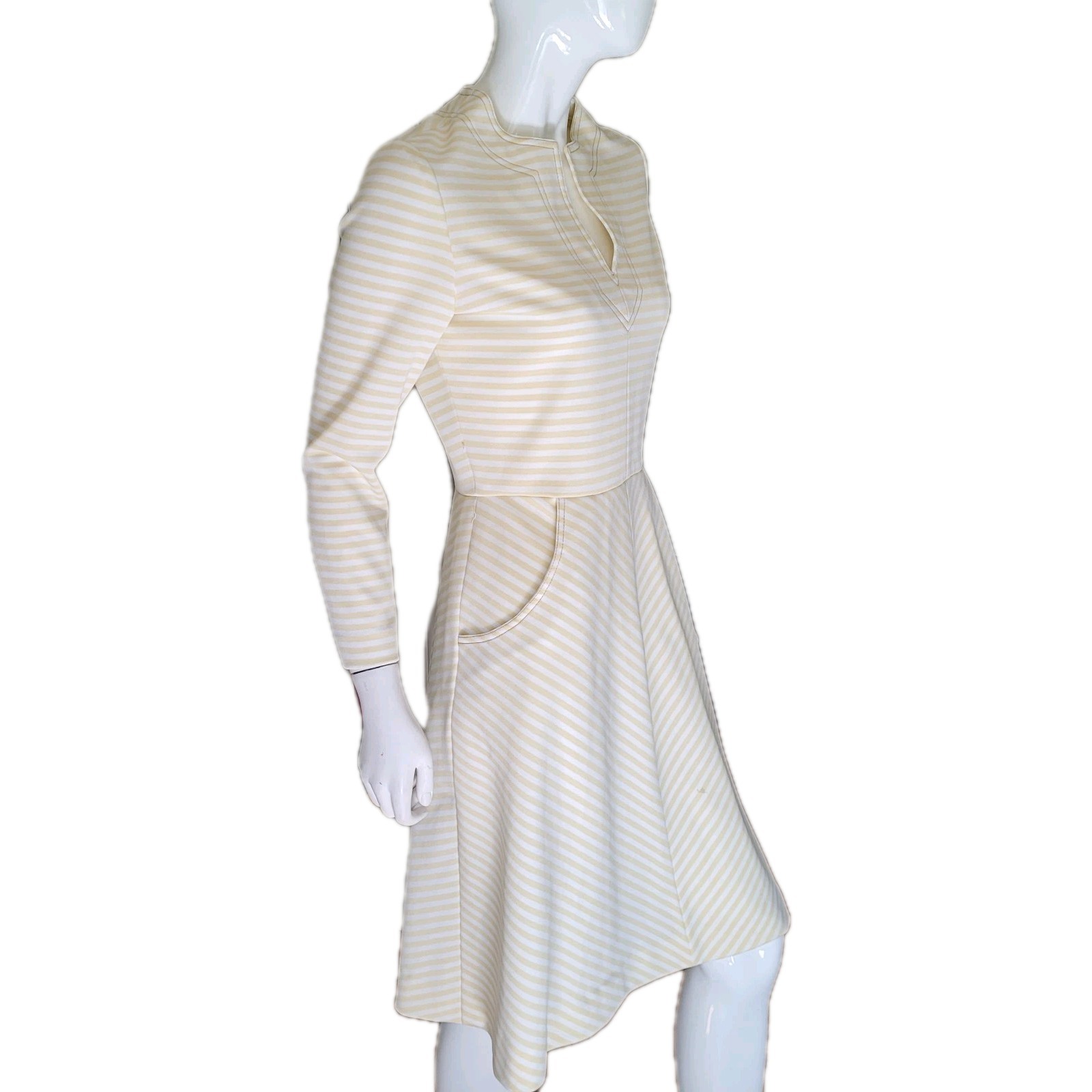 VTG Fit Flare Dress M Butter Yellow Ivory Stripe Pockets Stretch USA Retro Comfy
