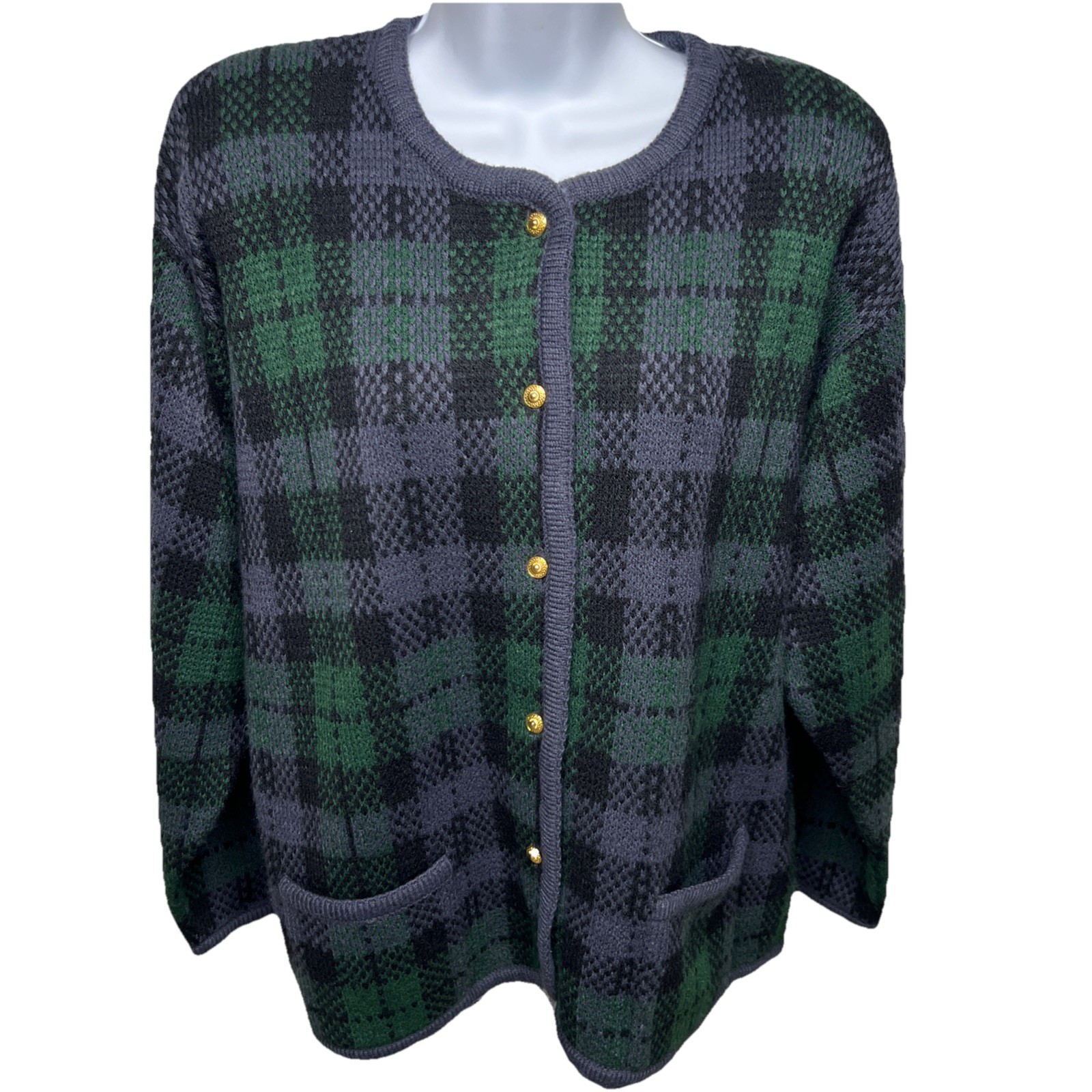 VTG Crystal-Kobe Plaid Cardigan Sweater Purple/Green/Black, Office, Party 90s