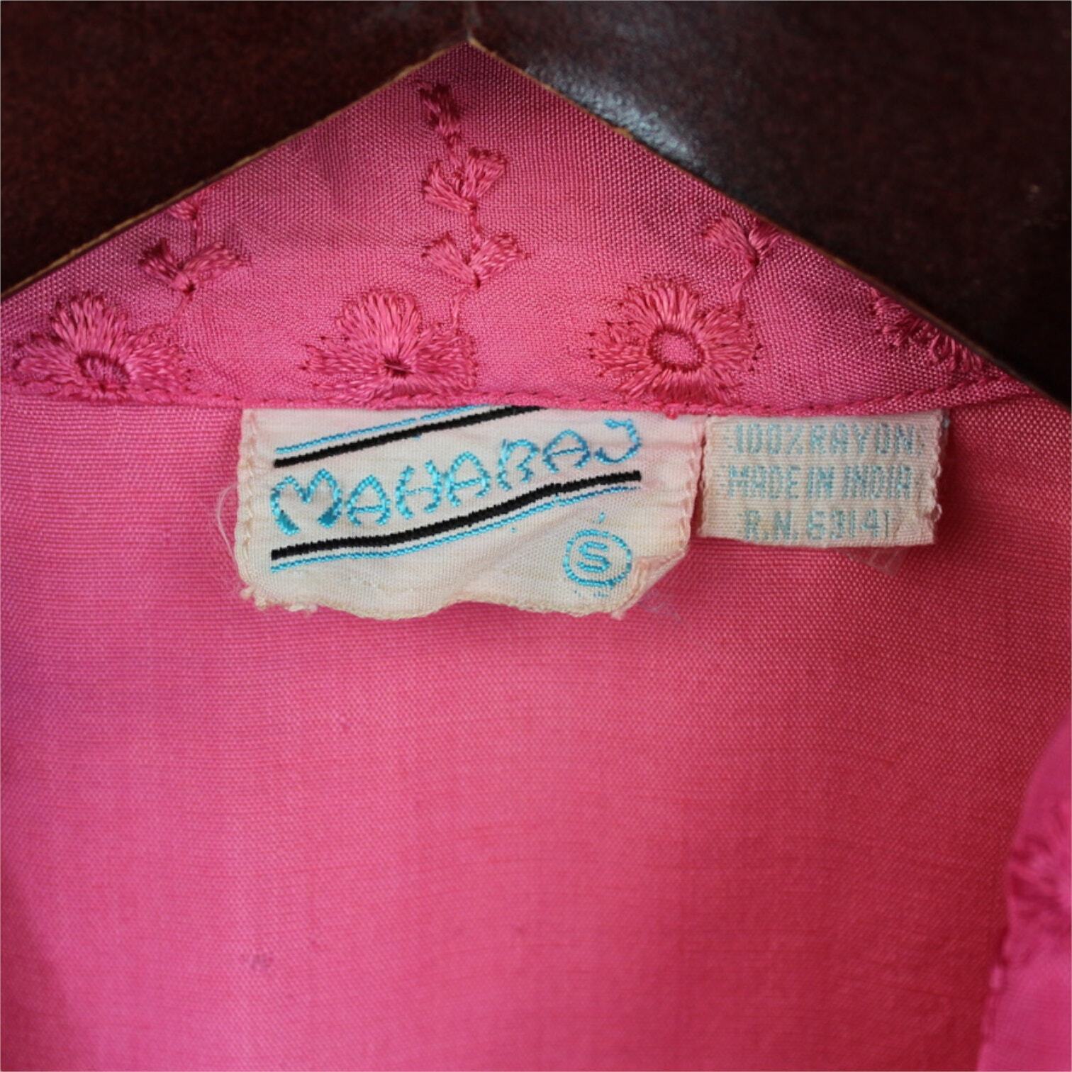 Vintage 80s Maharaj Blouse (S) Rayon FauxLeather Embroider Dyed S/S ButtonUp