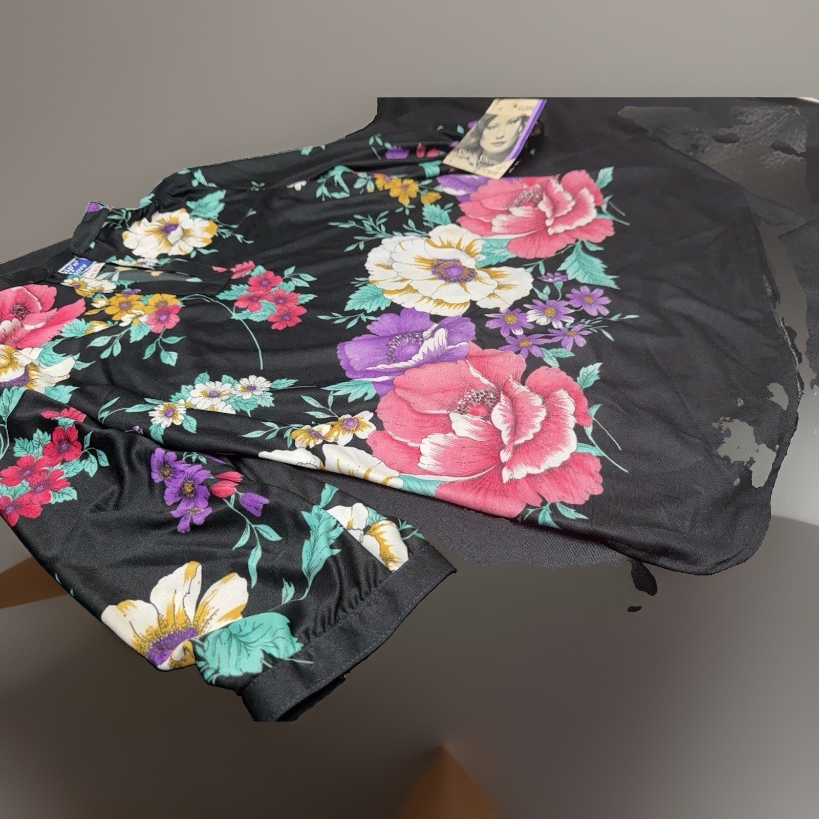 VTG 70s 80s Ship 'n Shore NWT Black Floral Qiana Style Polyester Blouse Size 10