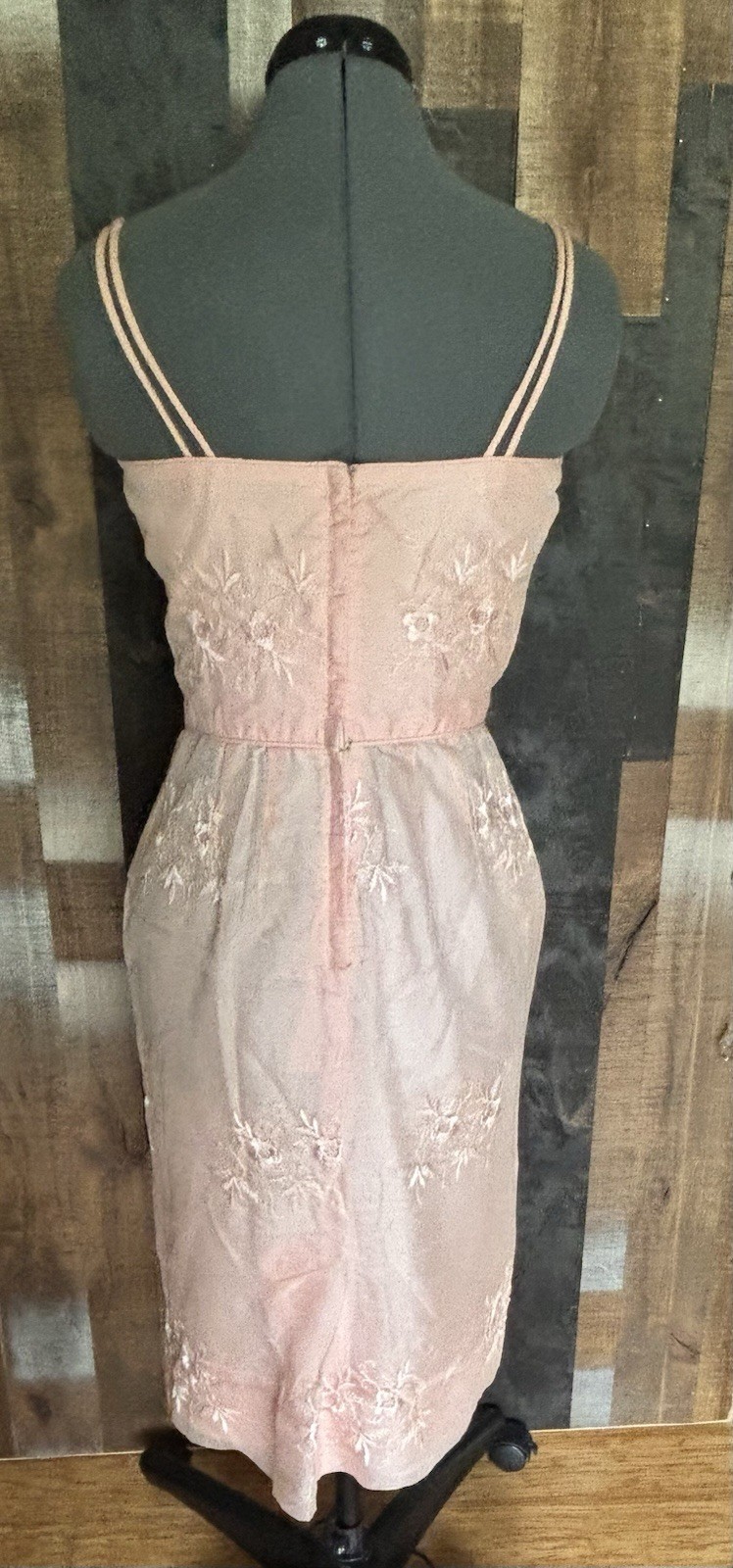 Vintage Pink Embroidered Organza Wiggle Dress Pin-Up Tiki Rockabilly XS Flawed