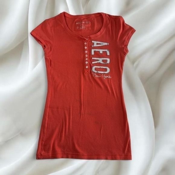 Y2K vintage orange Aeropostale embroidered logo henley short sleeve top mcbling