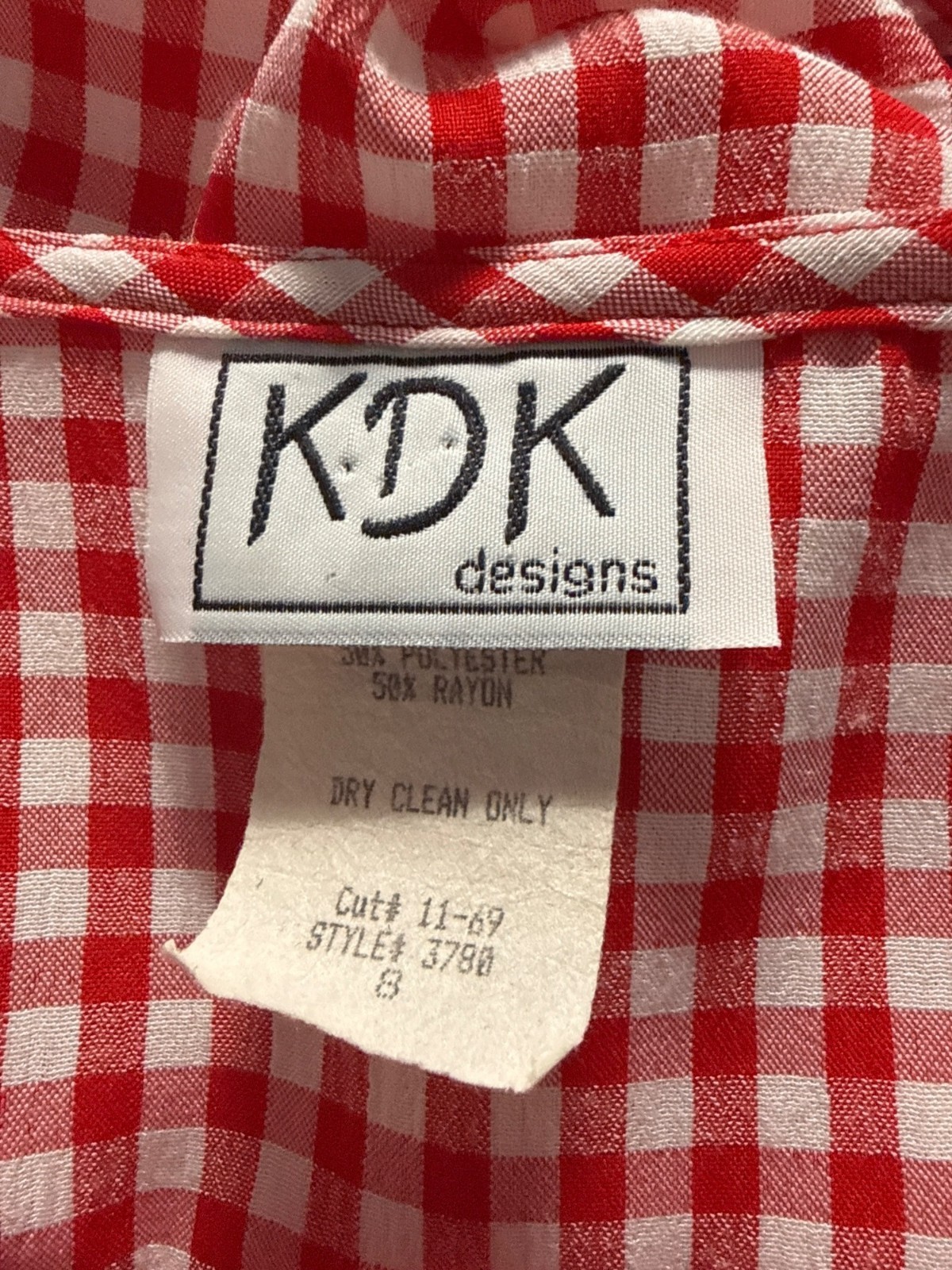 Vintage KDK Designs Red & White Gingham Midi Dress With Embroidered Size 8
